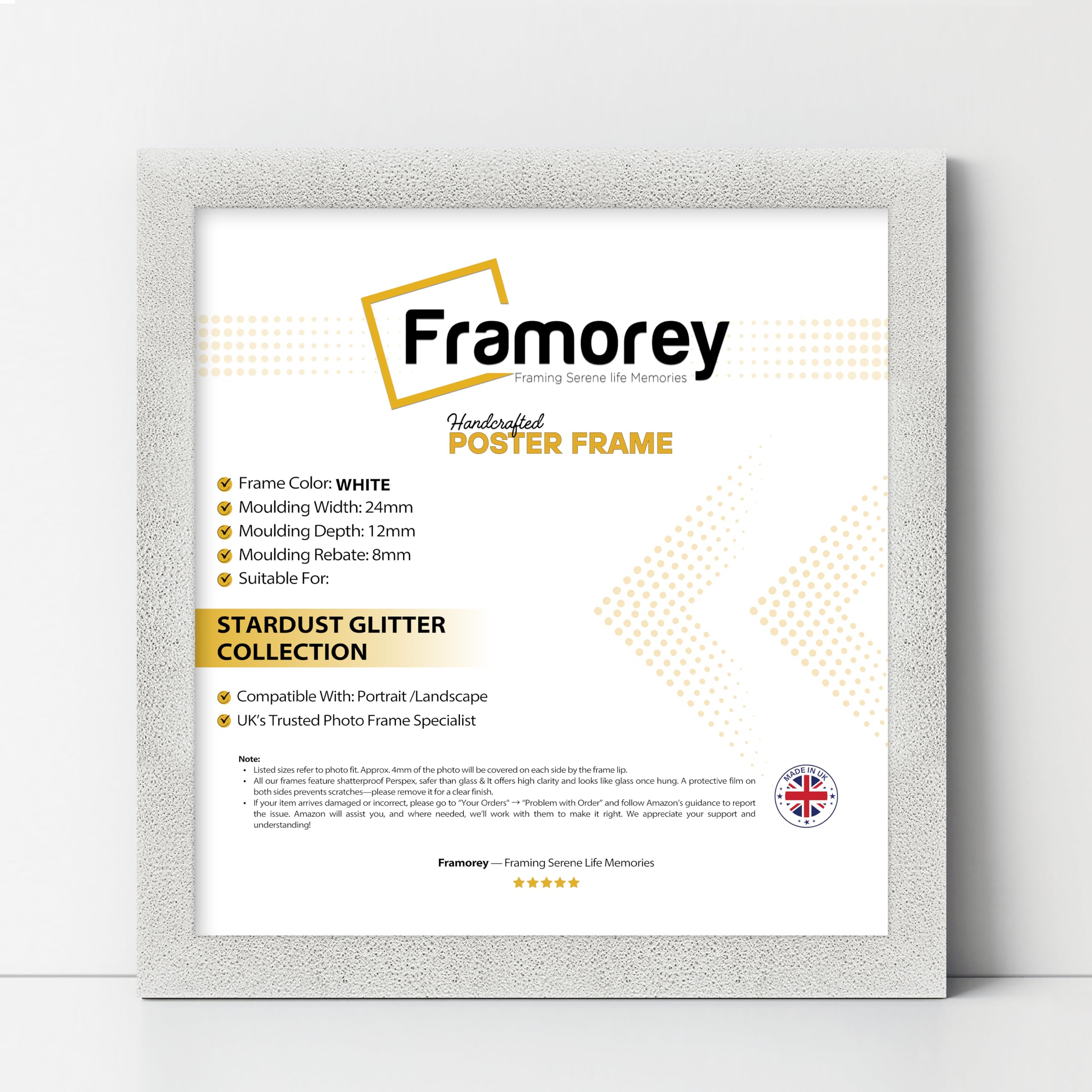 Framorey Framing Serene Life Memories White Framorey Square Size Glitter Sparkle Picture Frame, 18X18 Inch Size Photo Frames, Wall Hanging Oxford Frames, Photo College Frame, Birthday Gift Frame