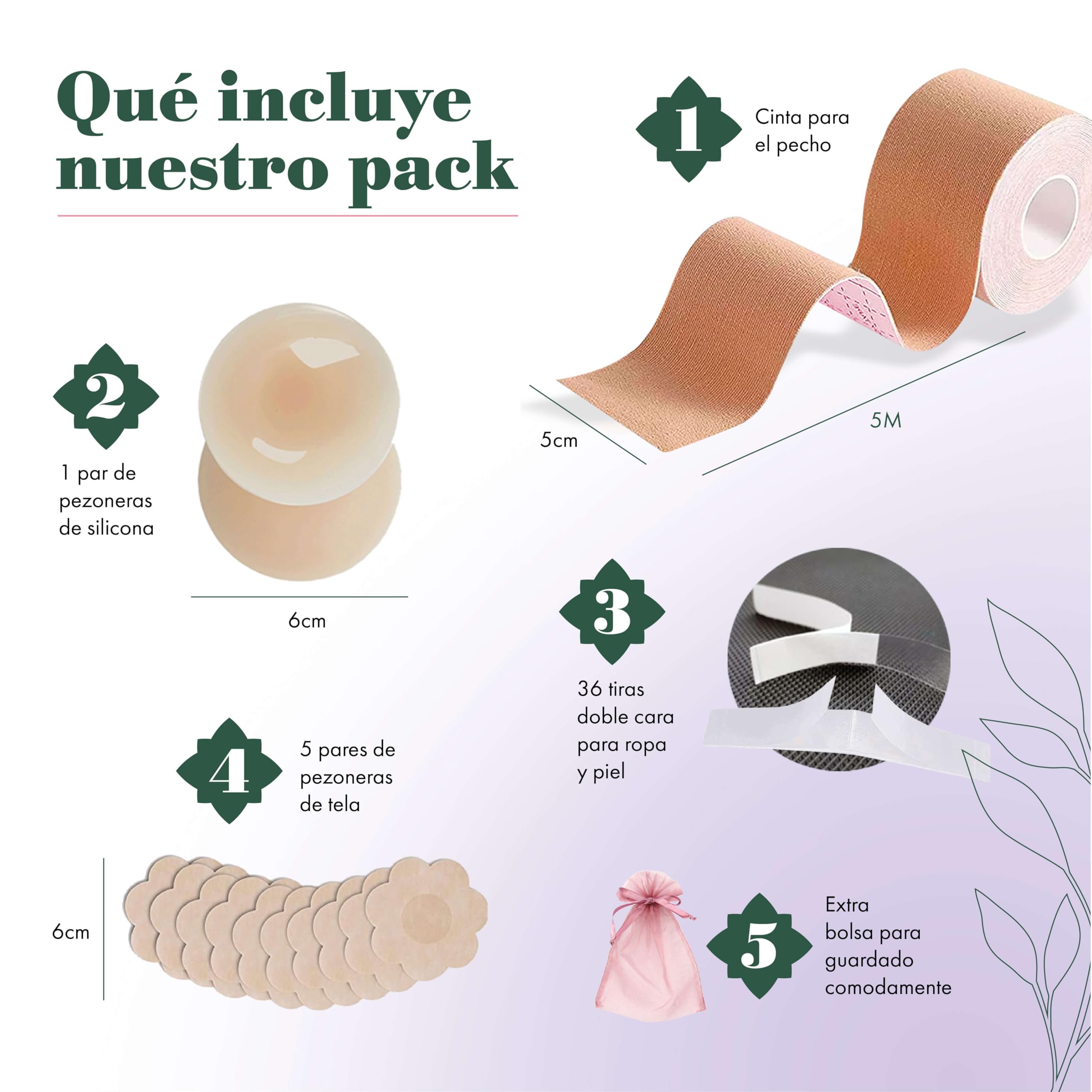 Cinta Adhesiva Pecho 5m. Incluye: 1 Rollo Boob Tape +2 Pezoneras Adhesivas Invisibles Reutilizables +36 Tiras Doble Cara Ropa +10 Pezoneras Tela +Bolsa. Sujetador Invisible.