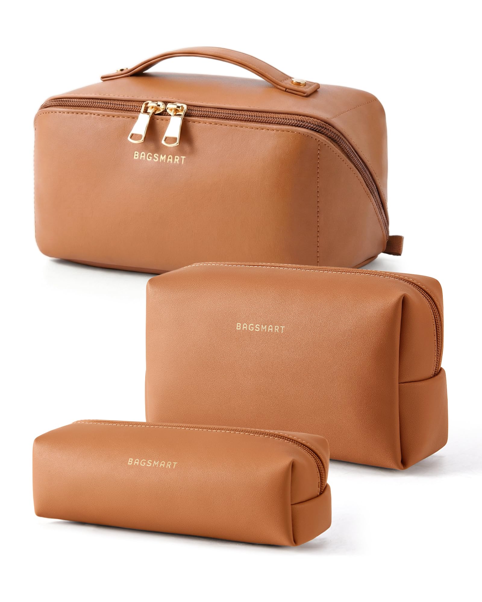 BAGSMART Makeup Bag Travel 3 Pcs Set Cosmetic Toiletry Bag,Classic Brown