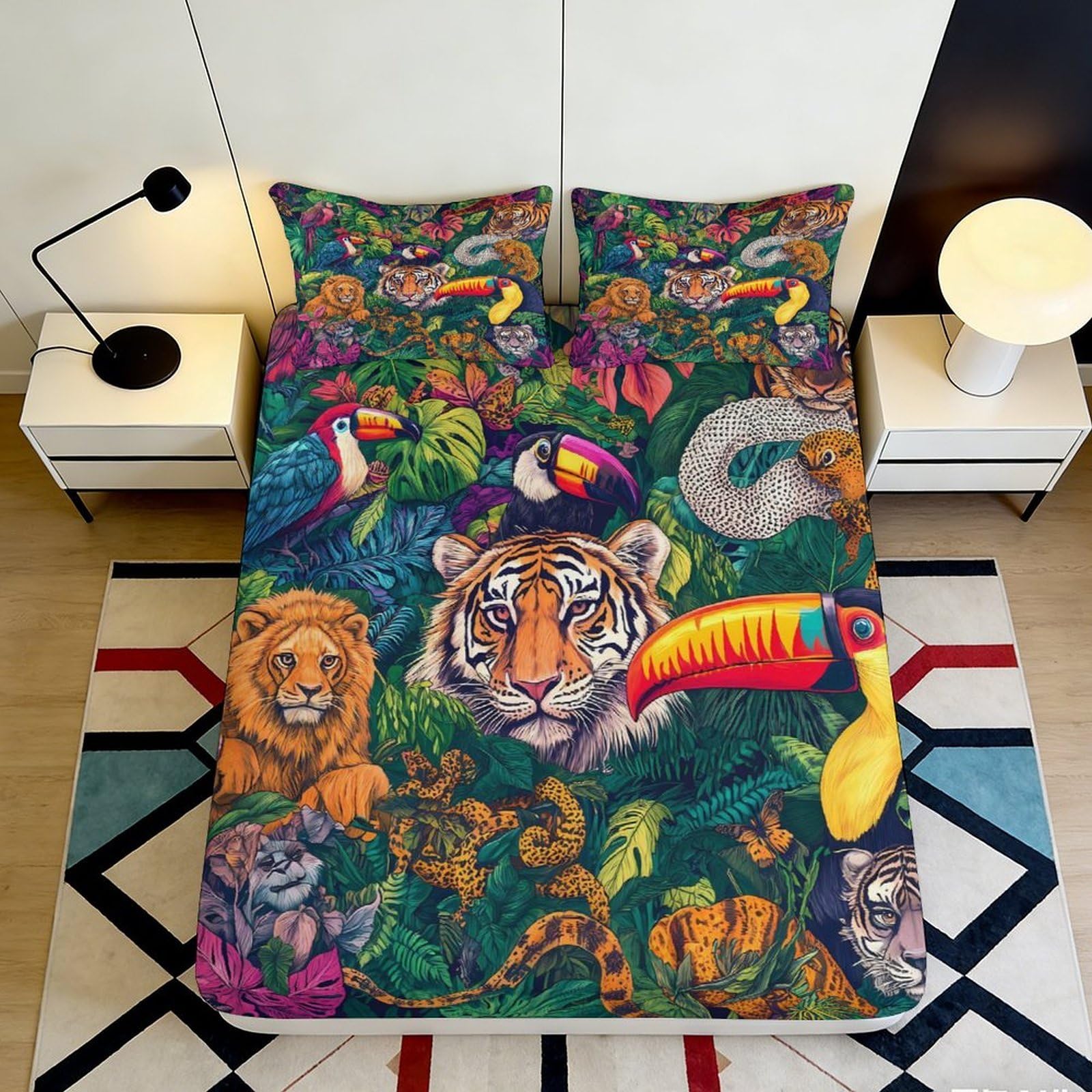 3D Printed Jungle Animal Fitted Sheet Microfiber Vibrant Wildlife Mattress Cover for Bedroom Guest Room Decor 180x200x25cm