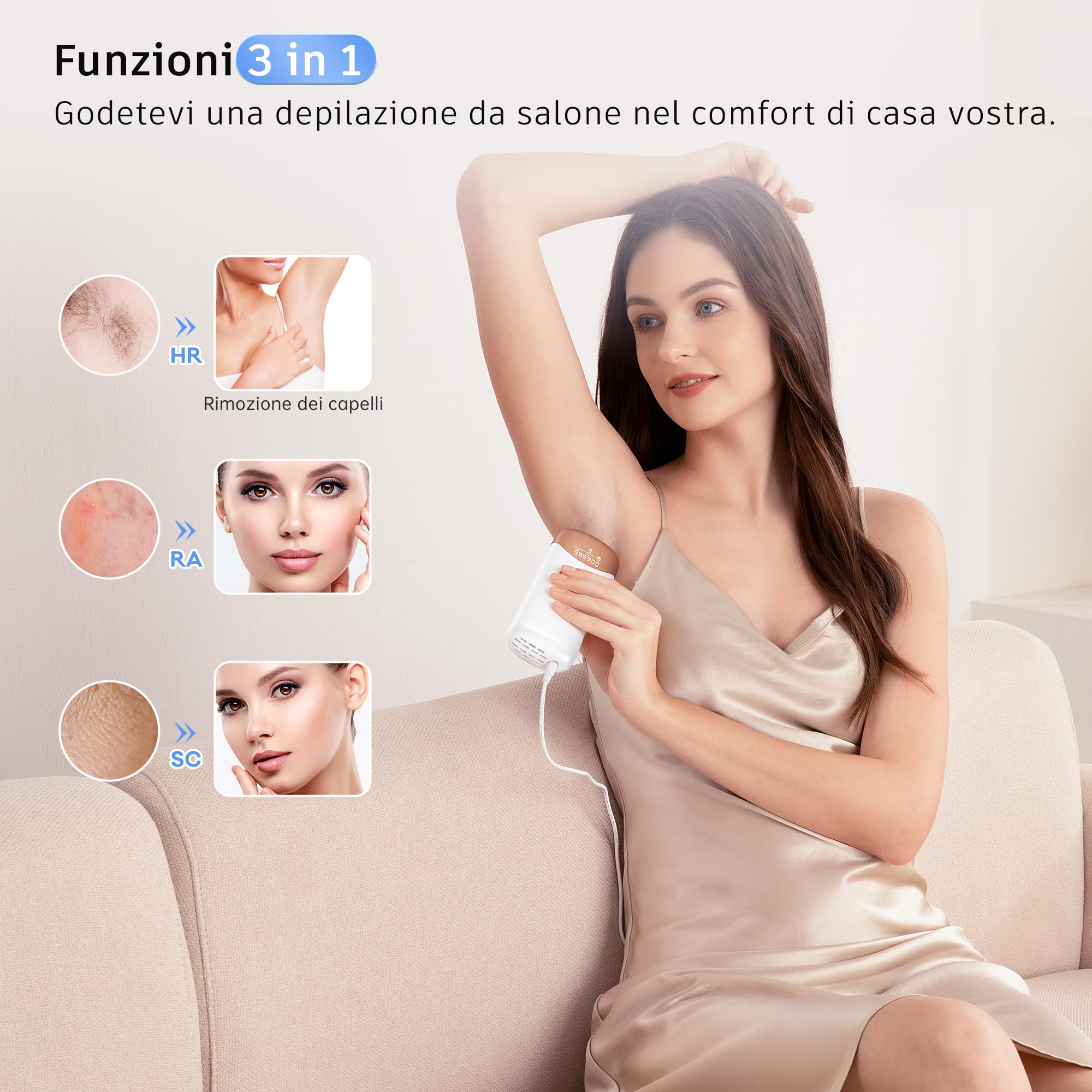 Prettivo Epilatore Luce Pulsata, Funzione di Ghiaccio, 3 in 1 HR/SC/RA, 9 Livelli di Energia(Max 19,8J), 600NM Onda Rossa, 999,900 Flash,Luce Pulsata Epilatore Laser per Donne, Uomo, Ascelle, Corpo