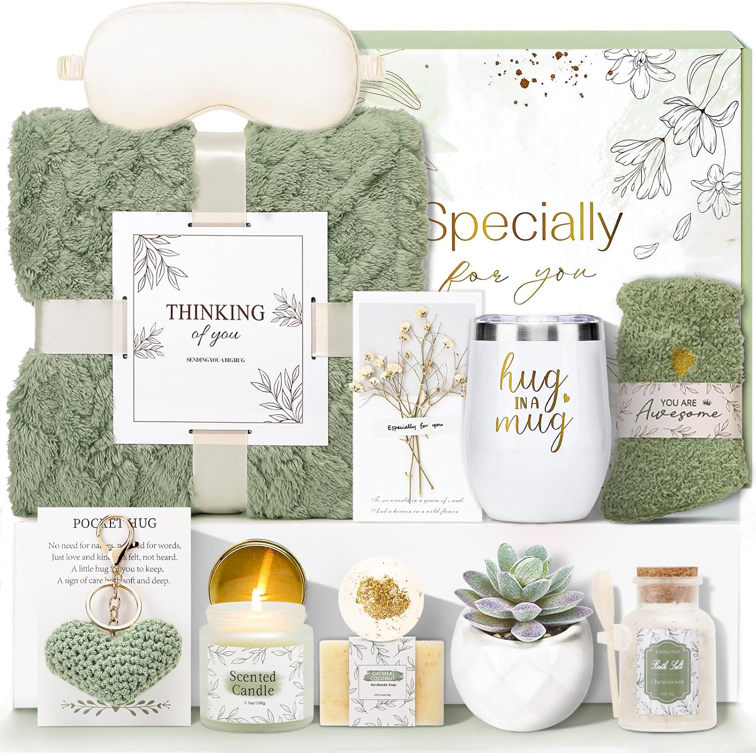 CuriBox Get Well Gifts for Women Self Care Gifts Basket - Relaxing Spa Care Package After Surgery Valentines Day Birthday Gift - Feel Better Sympathy Gift Set for Her Mom Sister Friend Wife (Green)