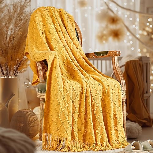 Inhand Manta de punto para sofá y cama, suave y acogedora manta de punto con borla, color amarillo mostaza, ligera, manta decorativa para hombres y