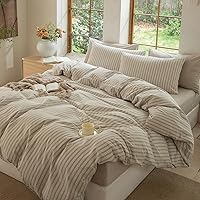 Vista 4 de Juego de funda de edredón a rayas 100% algodón lavado similar al lino suave al tacto transpirable (rayas-beige/blanco, individual)