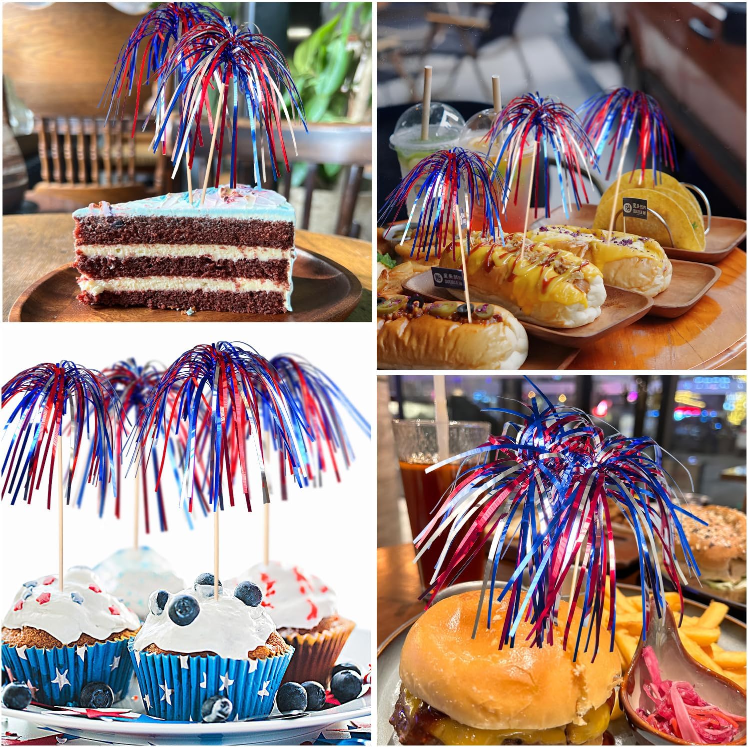 100 Pack 4th of July Cocktail Picks, 6 Inch Patriotic Firework Picks, Red Silver Blue Foil Frill Toothpicks Food Fruit Drink Sticks for Fourth of July Party Supplies Patriotic Decorations