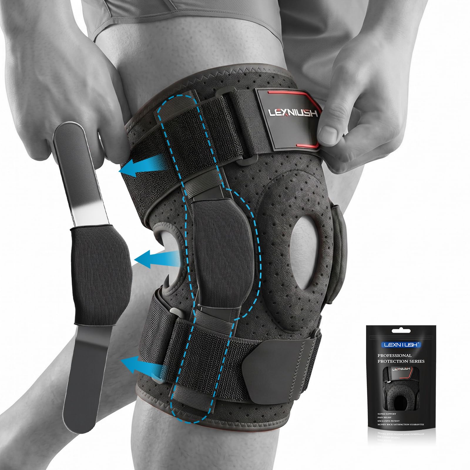 Lexniush Genouillère Sport Réglable avec Stabilisateurs Latéraux, Genouillere Arthrose Genou pour Ligamentaire, ACL/MCL, Attelle Genou et Coussin en Gel Rotulien pour Sport, Course, Running