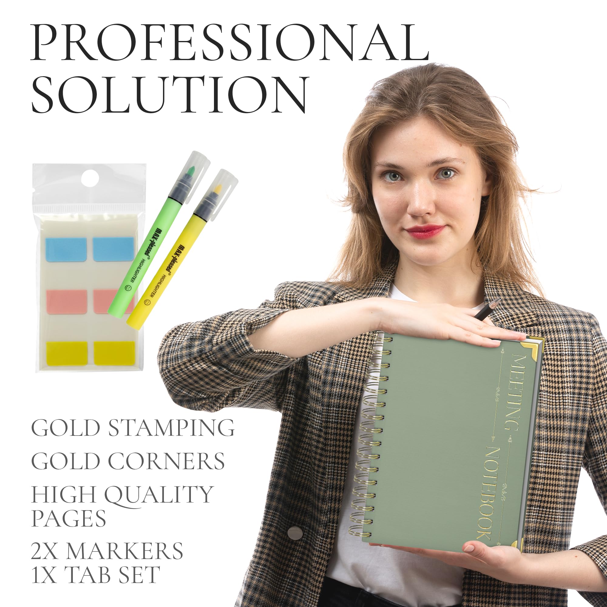 Quaderno per riunioni, include due evidenziatori, giallo, verde per prendere appunti più facili, quaderno per riunioni, include anche linguette adesive, blocco note per lavoro, + 100 pagine [formato