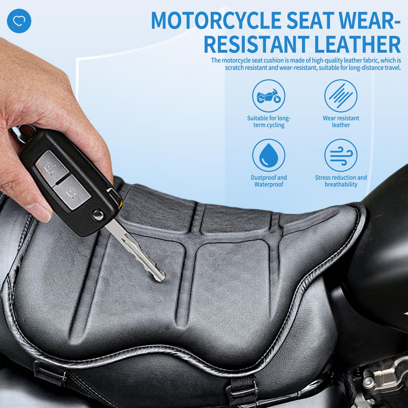 Wodoodporna skórzana poduszka na siedzenie motocyklowe, poduszka na siodełko motocyklowe, amortyzacja, pyłoszczelna i wodoodporna, czterowarstwowa ochrona, siodełko żelowe motocyklowe