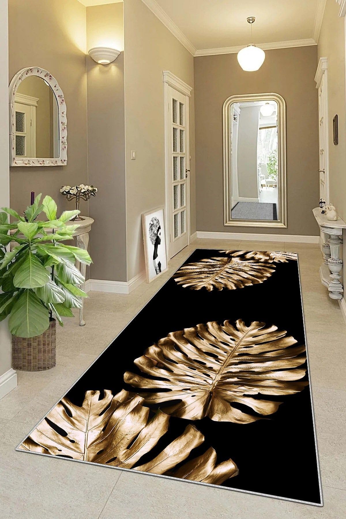 Pelangi Gold Yaprak Desenli Dijital Baskı Yıkanabilir Kaymaz Taban Salon Halısı ve Yolluk, Siyah 40 x 40, 955425640407