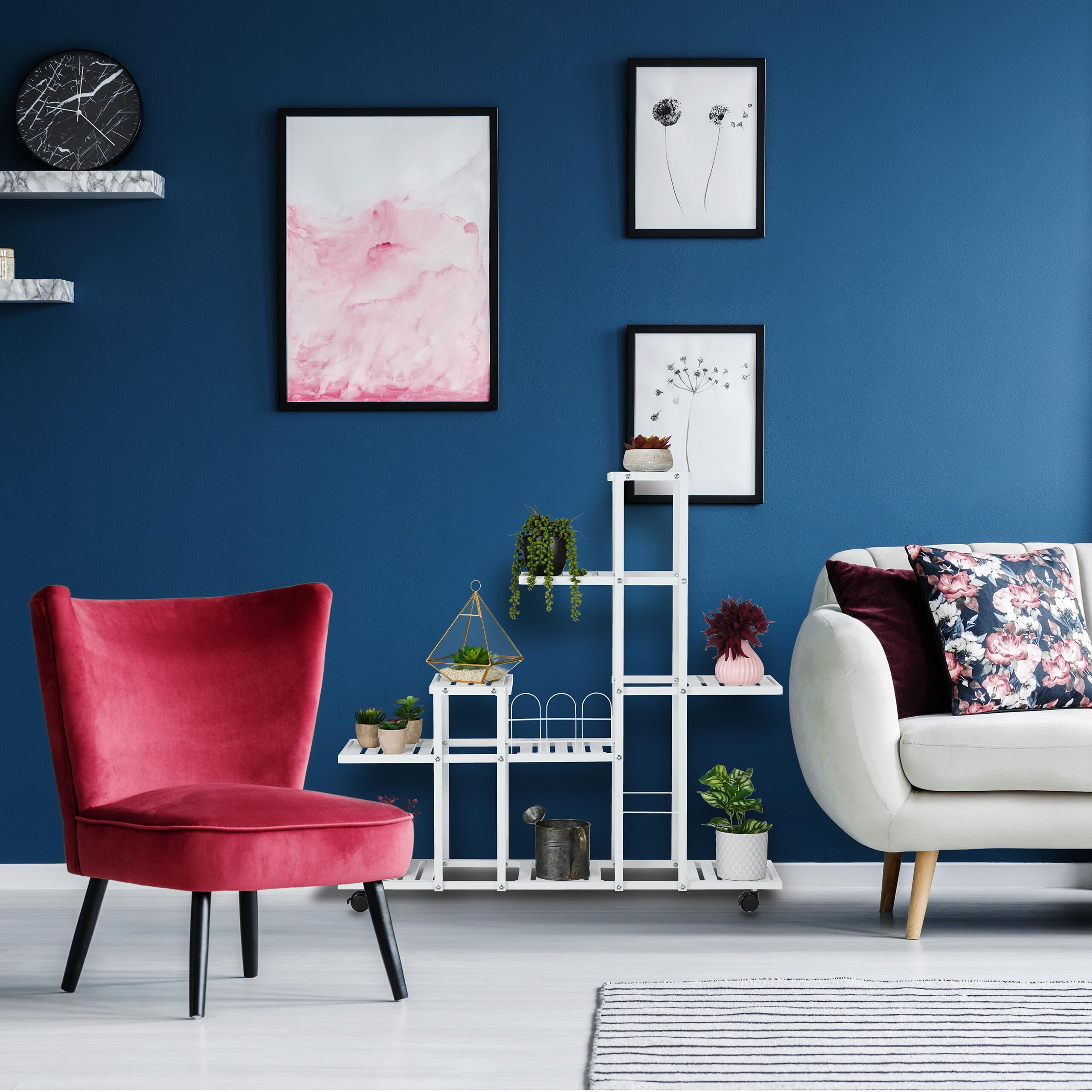 Relaxdays Stojak na kwiaty na kółkach, wys. x szer. x gł.: 91,5 x 93 x 26 cm, metalowy, 9 półek, stojak na rośliny do wnętrz, biały