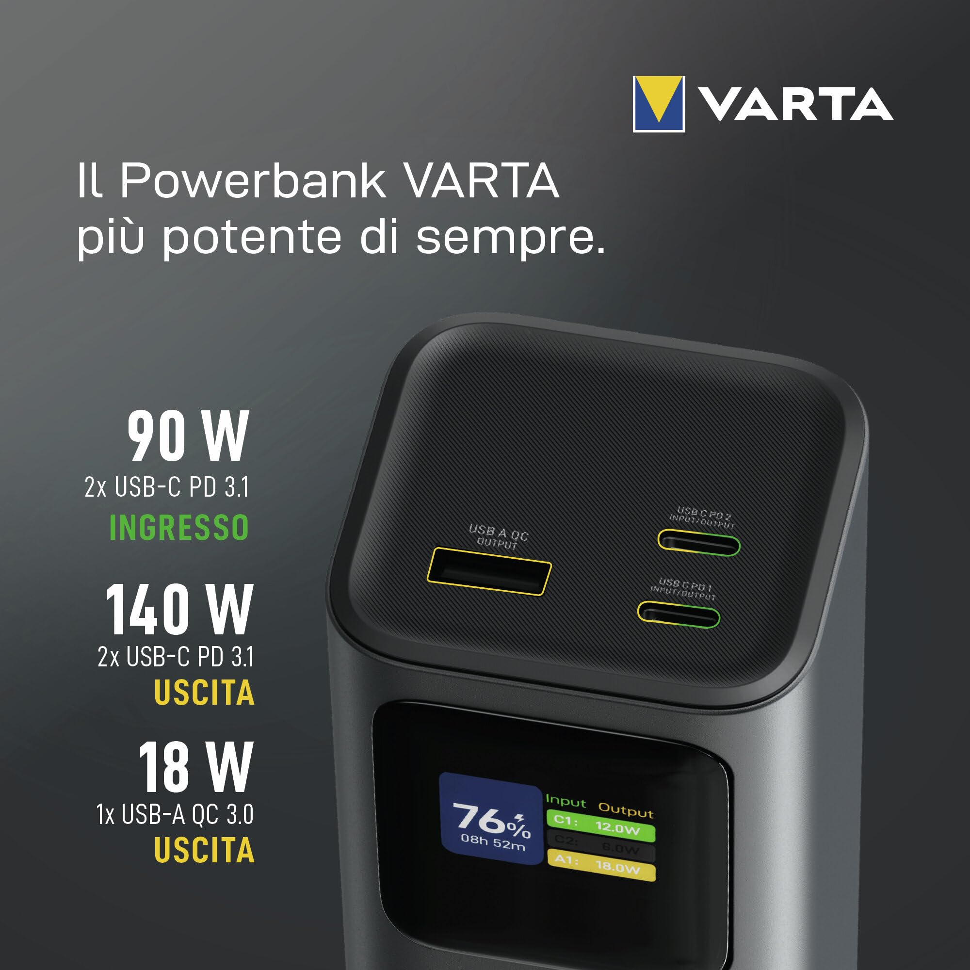 VARTA Powerbank 27000 mAh, High Speed, 140 W alluminio | per Laptop, smartphone, Tablet e Drohne, 2x USB C PD, 1x USB A Quick Charge 18 W, Smart Display, flugtauglich
