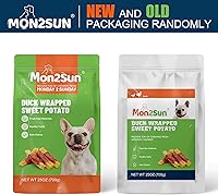 Vista 5 de MON2SUN Golosinas para perros sin pellejo de cuero, golosinas de batata envueltas en pato, sin gluten ni granos, golosinas para cachorros y perros