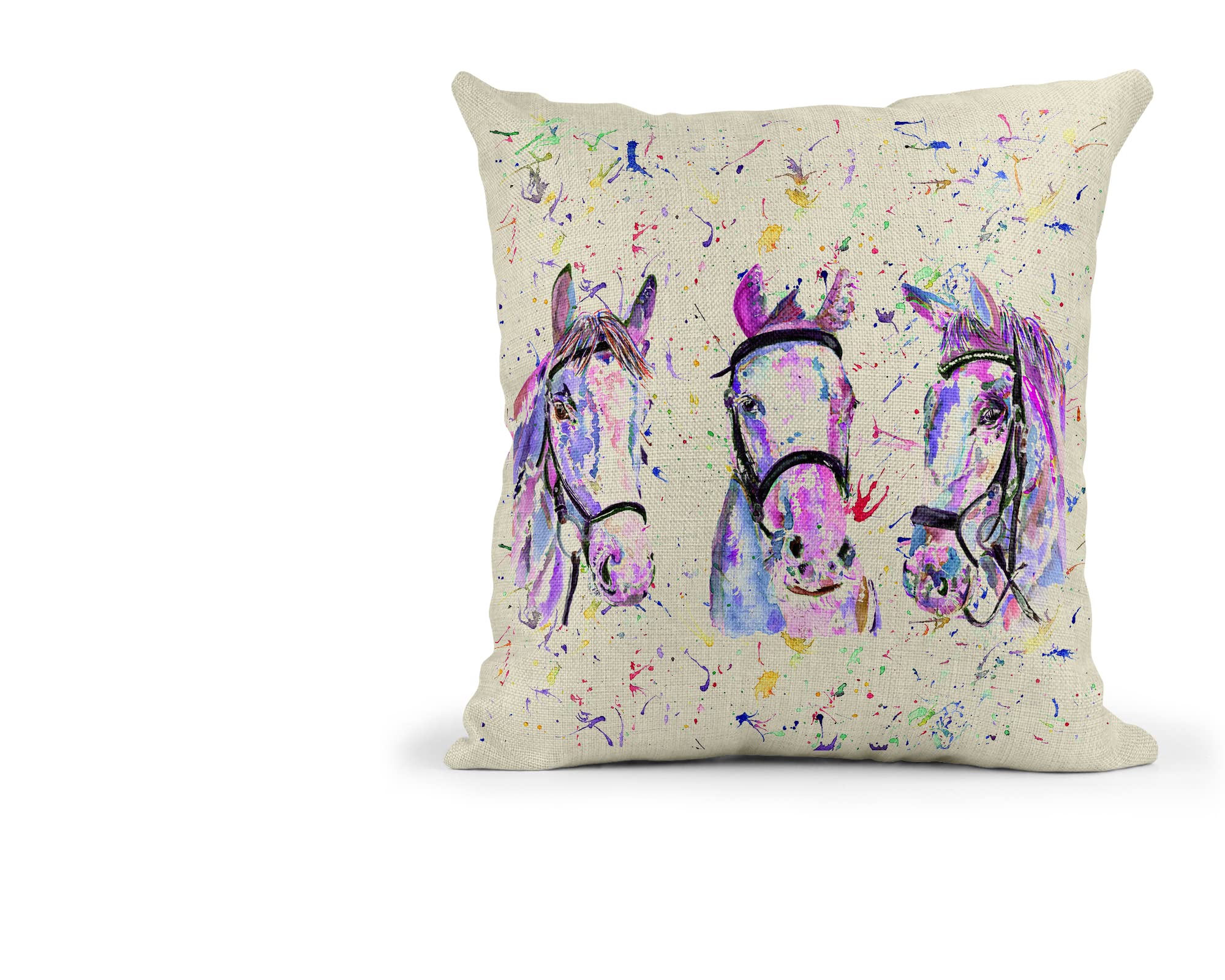 Vixar Pink Horse X 3 Farm Animals Watercolour Rainbow Art Linnen Cushion With Filling Or Cover Only, 40X40cm, Gift, Christmas, Birthday (Cover Only)