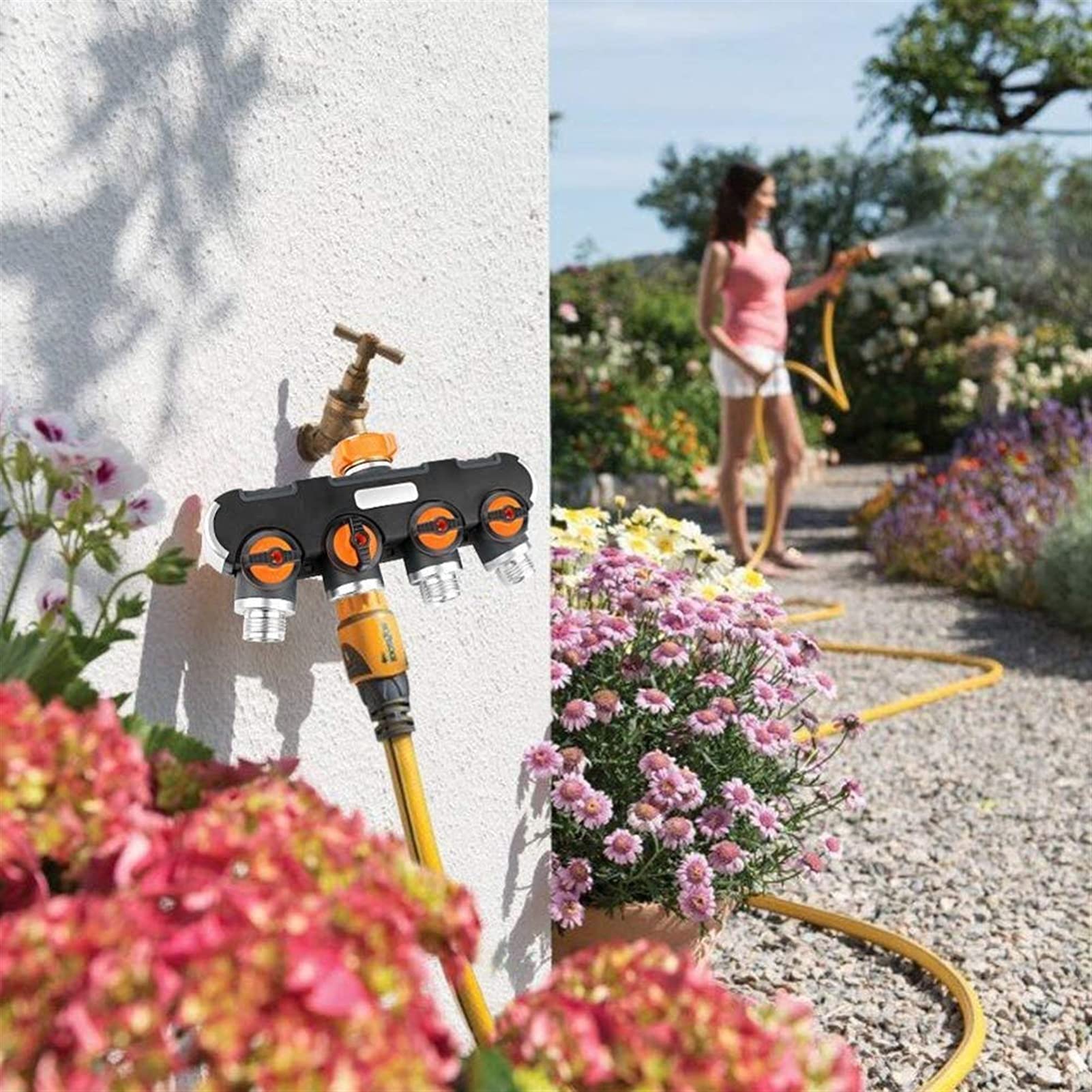 Lnanqing-raccordo ottone tubo Connettore del tubo flessibile dell'acqua del tubo del tubo da giardino a 4 vie, adattatore del rubinetto con impugnatura gommata confortevole per i prati di irrigazione
