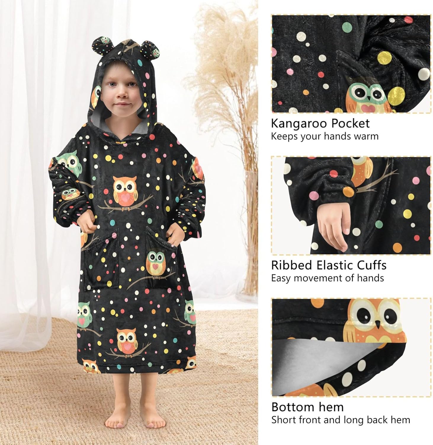 Cute Owl Kids Wearable Blanket Hoodie with Pocket and Sleeves for Toddlers, Cute Hoodies 3-14 Year Girls Boys B0404943