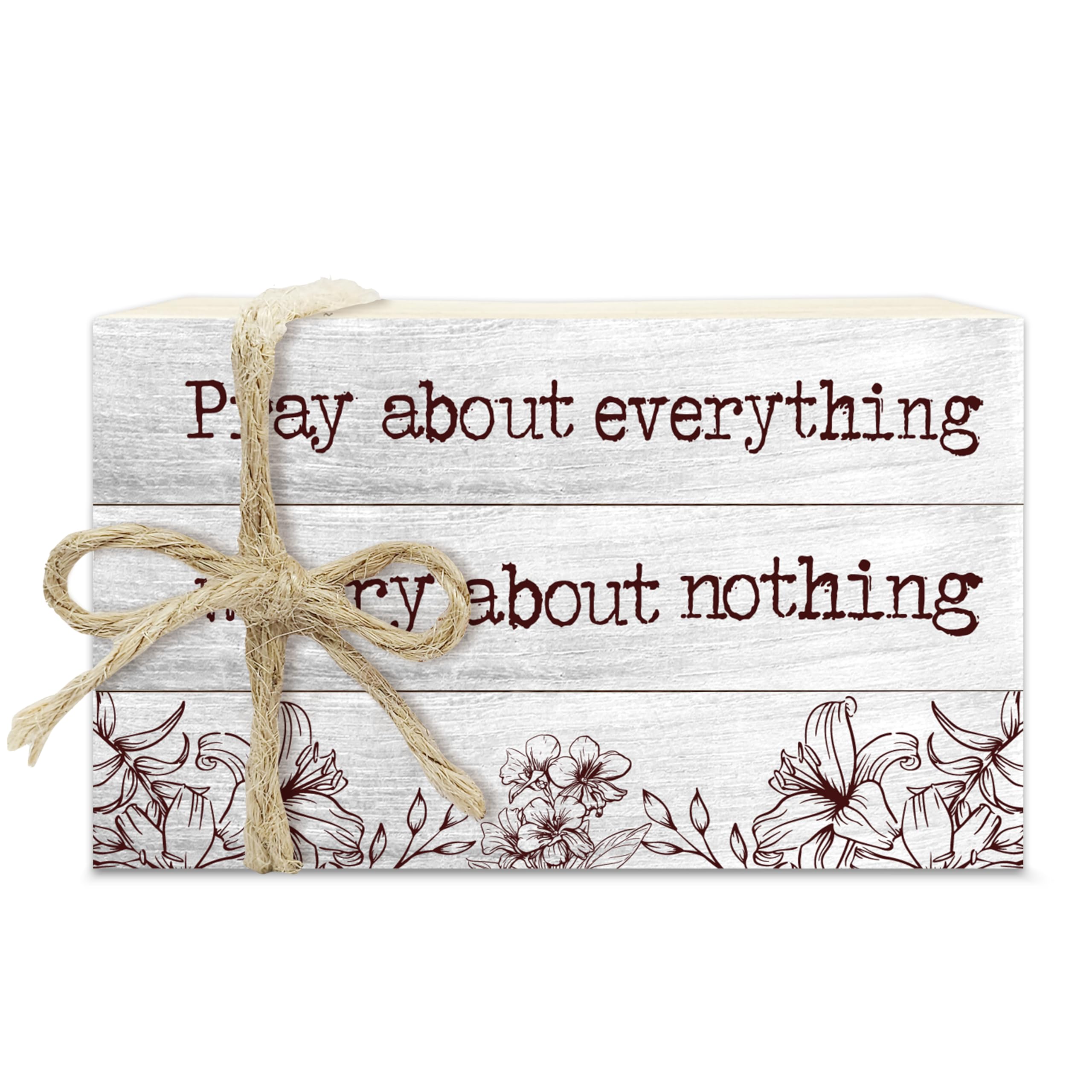 Christian Decorative Book Stack for Farmhouse, Tiered Tray Decor Inspirational Gifts, Religious Stacked Books Set, Pray About Everything Worry About Nothing Wooden Book Decor for Home Office -33