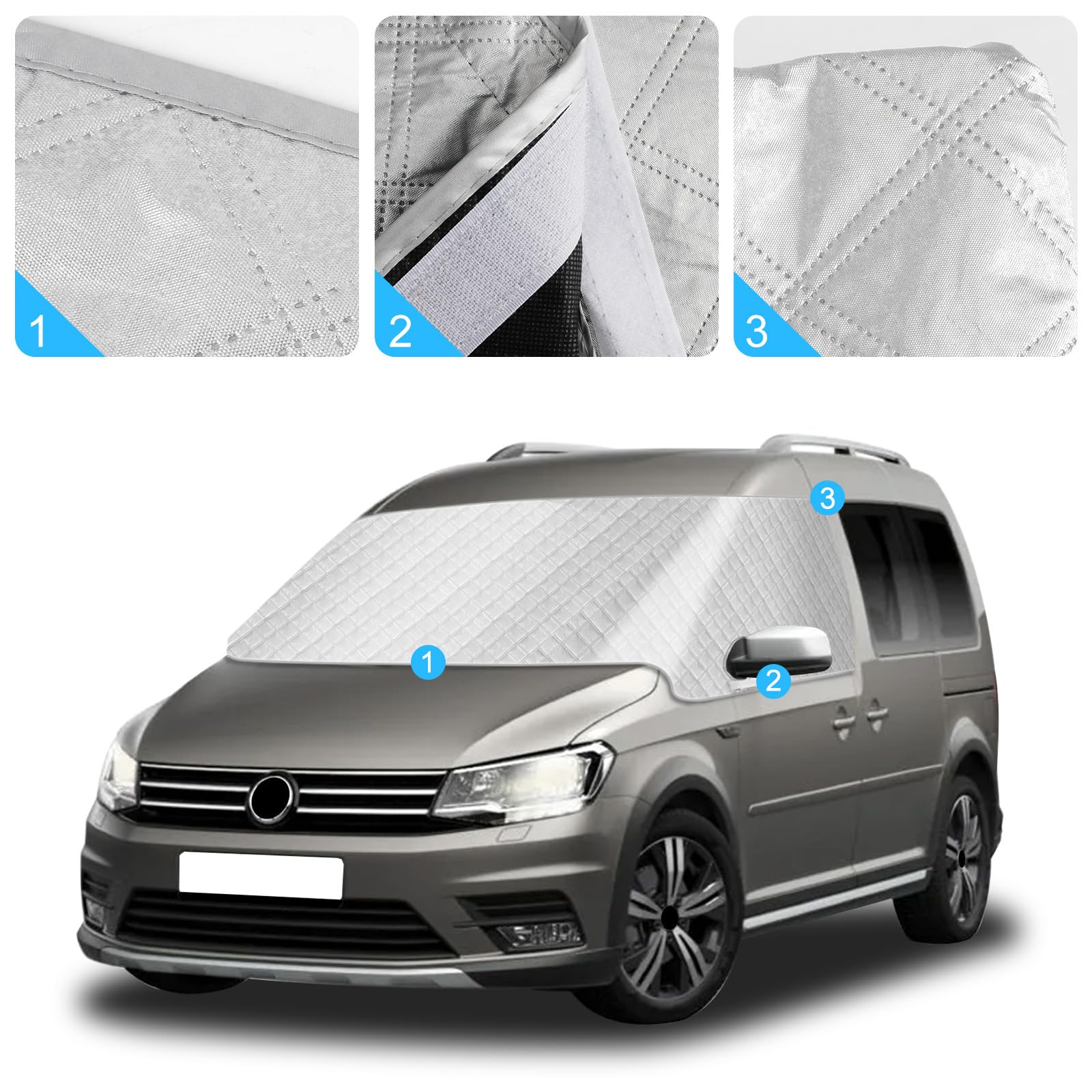 Osłona przeciwsłoneczna na przednią szybę do VW Caddy 2004-2021, 5-warstwowa odblaskowa zewnętrzna ochrona przed słońcem, ochrona przed promieniowaniem UV/mrozem/lodem/kurzem do VW Caddy 2004