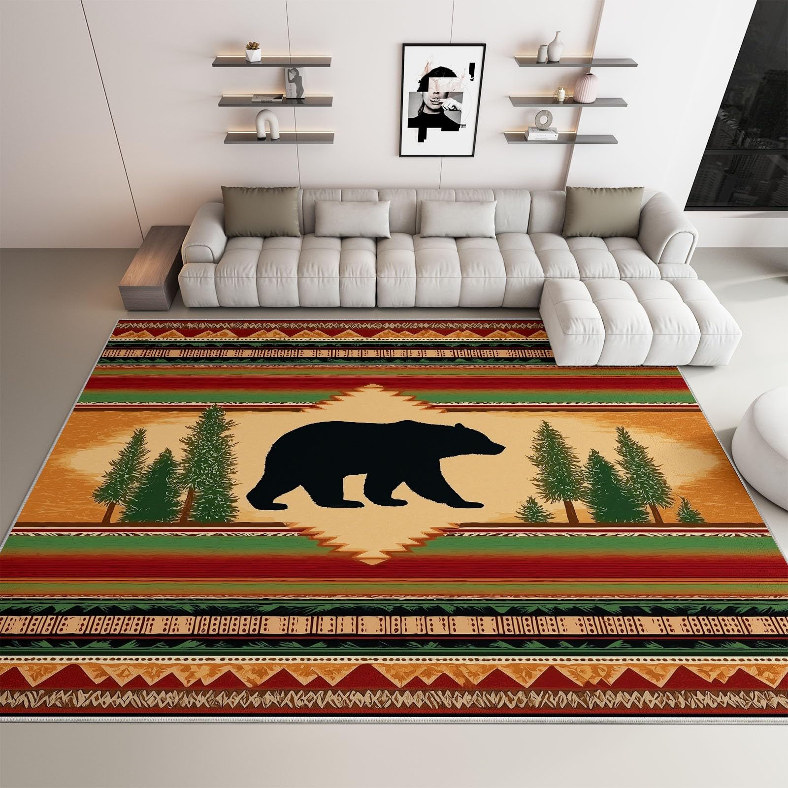 Generico Dywan 120 x 170 cm - zmywalny krótki włos, duży prostokątny tradycyjny dywan leśny niedźwiedź paski drzew, do wejścia do domu antypoślizgowe składane salon wielbłąd