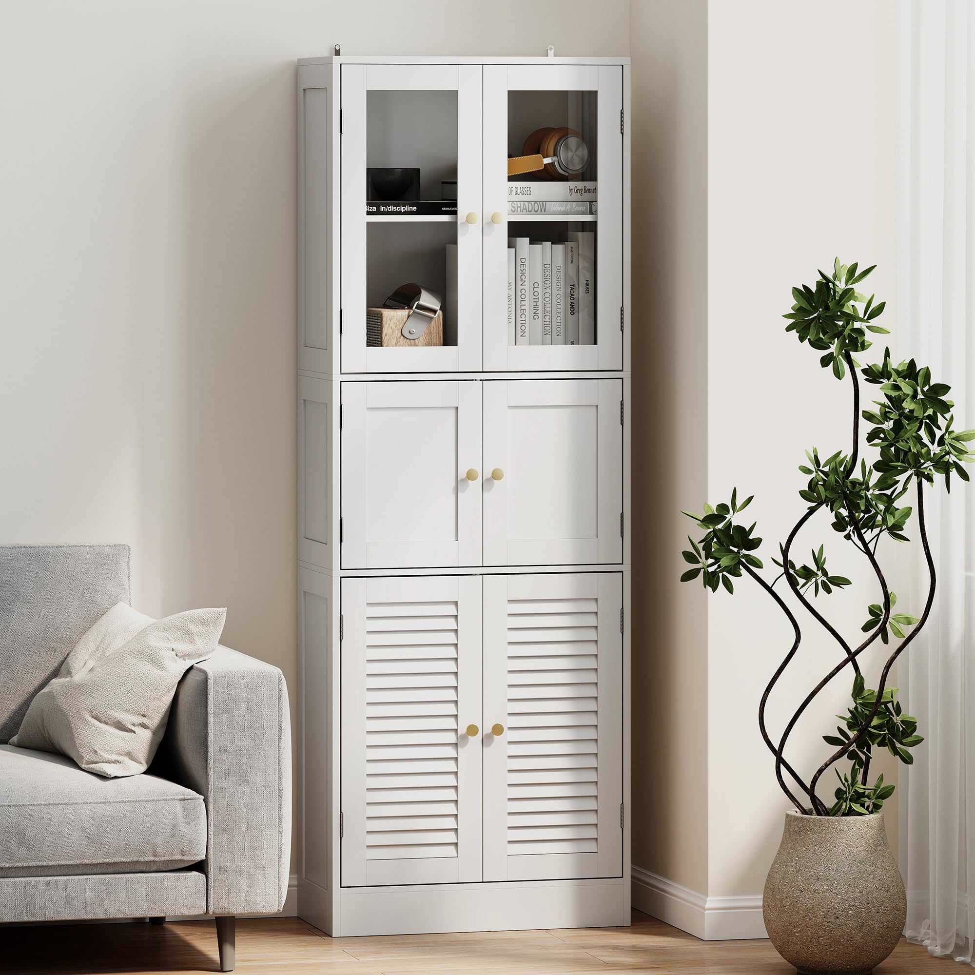HOMCOM Mobile Bagno Alto Slim con 3 Armadietti a Maniglie, Mobiletto Bagno Salvaspazio con Ante Magnetiche in Vetro, a Persiana e Ripiani Regolabili, per Sala da Pranzo Soggiorno, 60x30x170cm, Bianco