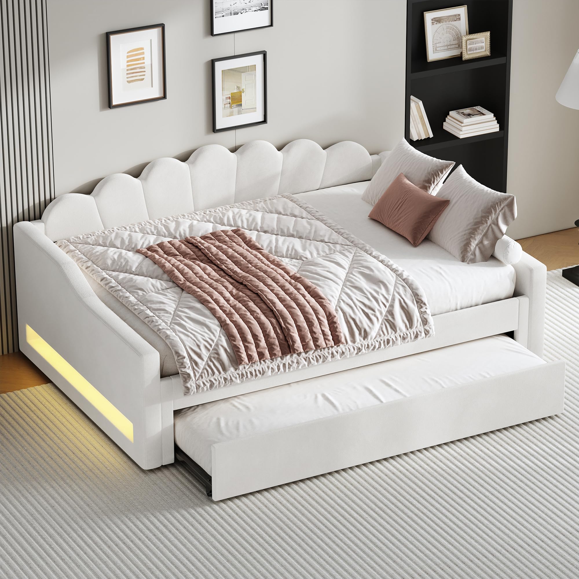 Moimhear Divano letto imbottito, 140 x 200 cm, con cintura LED e letto estraibile (90 x 190 cm), con rete a doghe, senza materasso (beige)