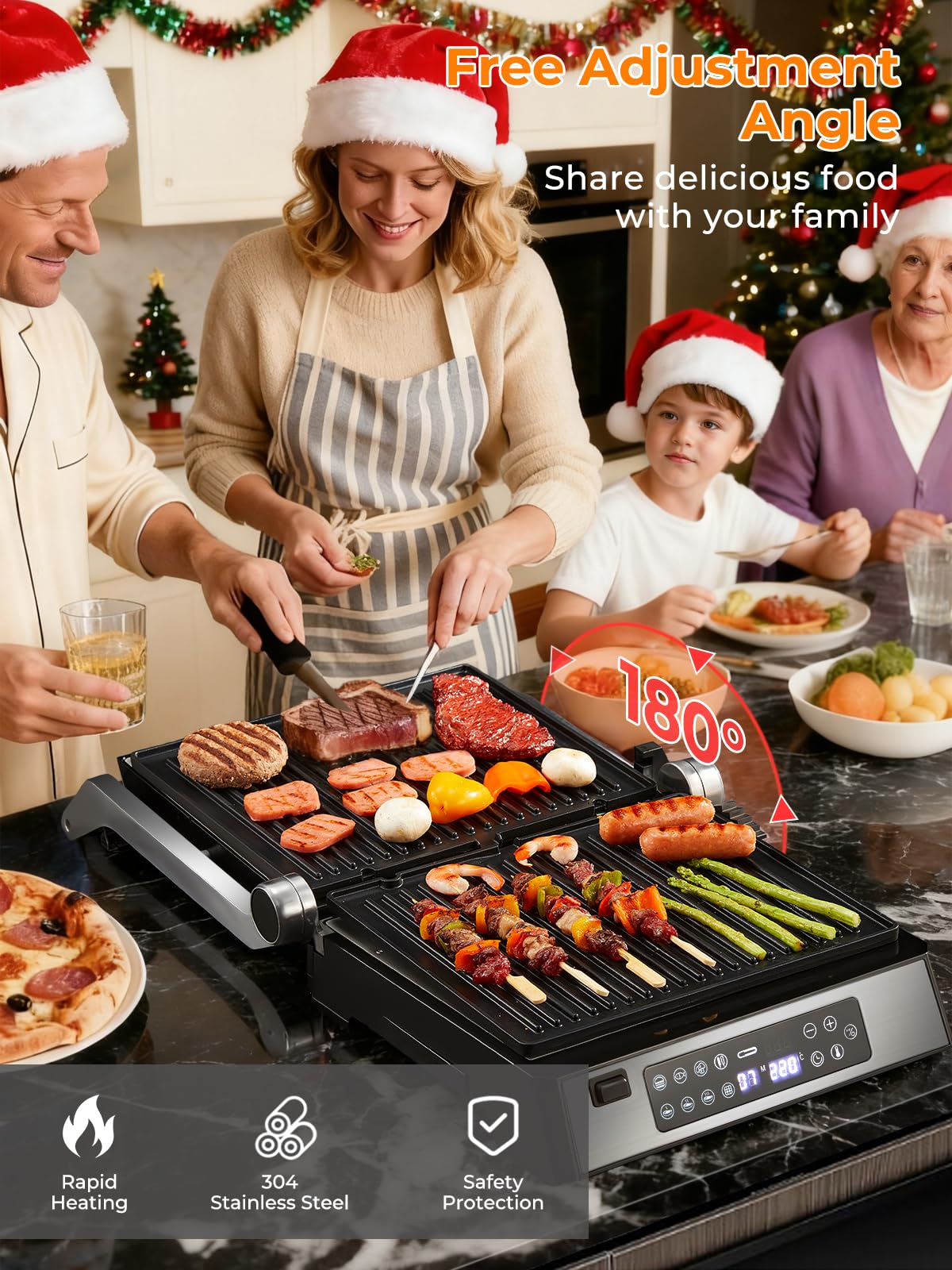 FOHERE XL Kontaktgrill Multifunktionaler, 4 in 1 SandwichMaker & Waffeleisen 2200W mit 4 Antihaftbeschichteten abnehmbaren Platten, individuelle Zeit und Temperatur, LED-Anzeige, 8 Programme