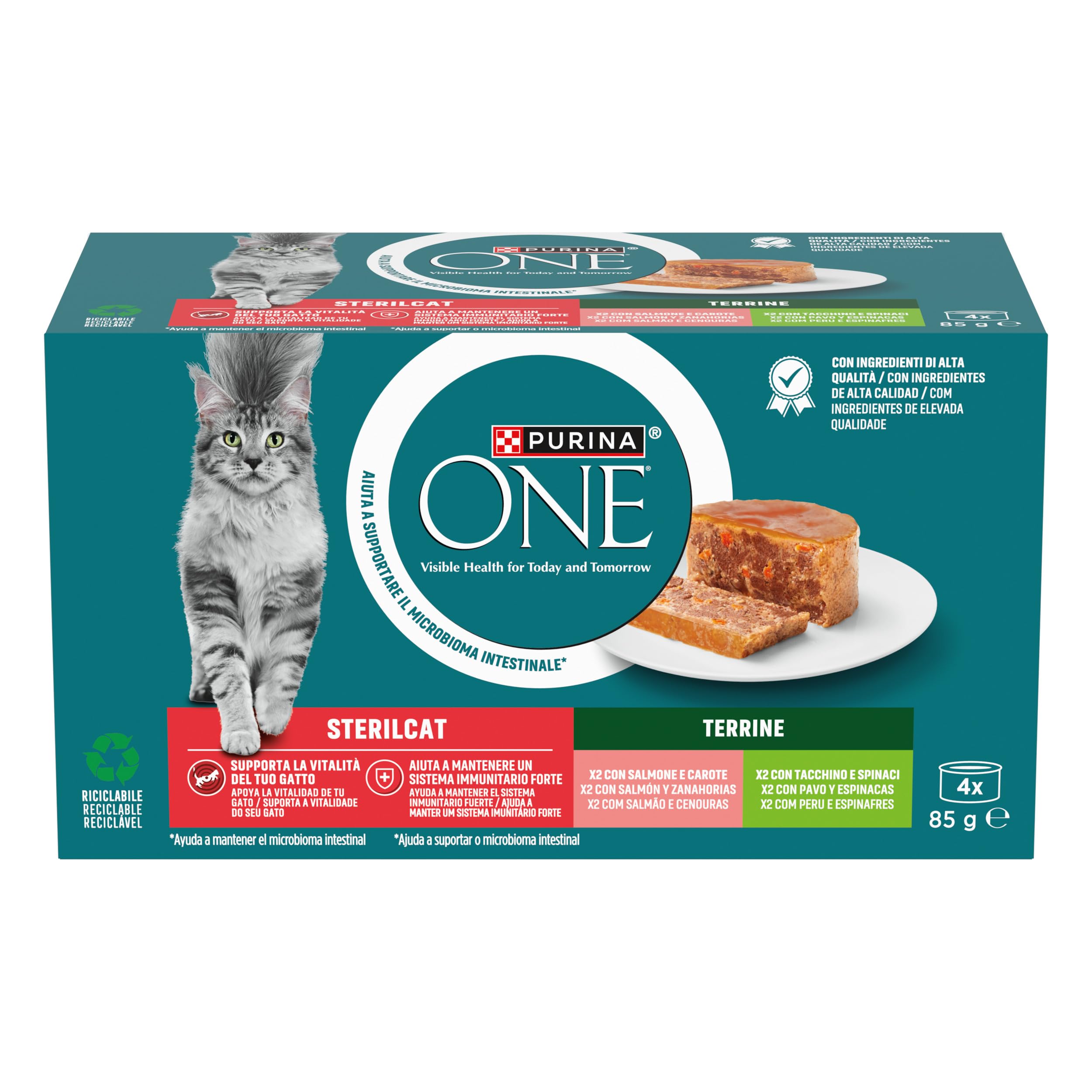 Purina One Sterilcat Filettini in salsa Cibo Umido per Gatti Sterilizzati con Tacchino e Spinaci, Salmone e Carote, 48 Lattine da 85 g