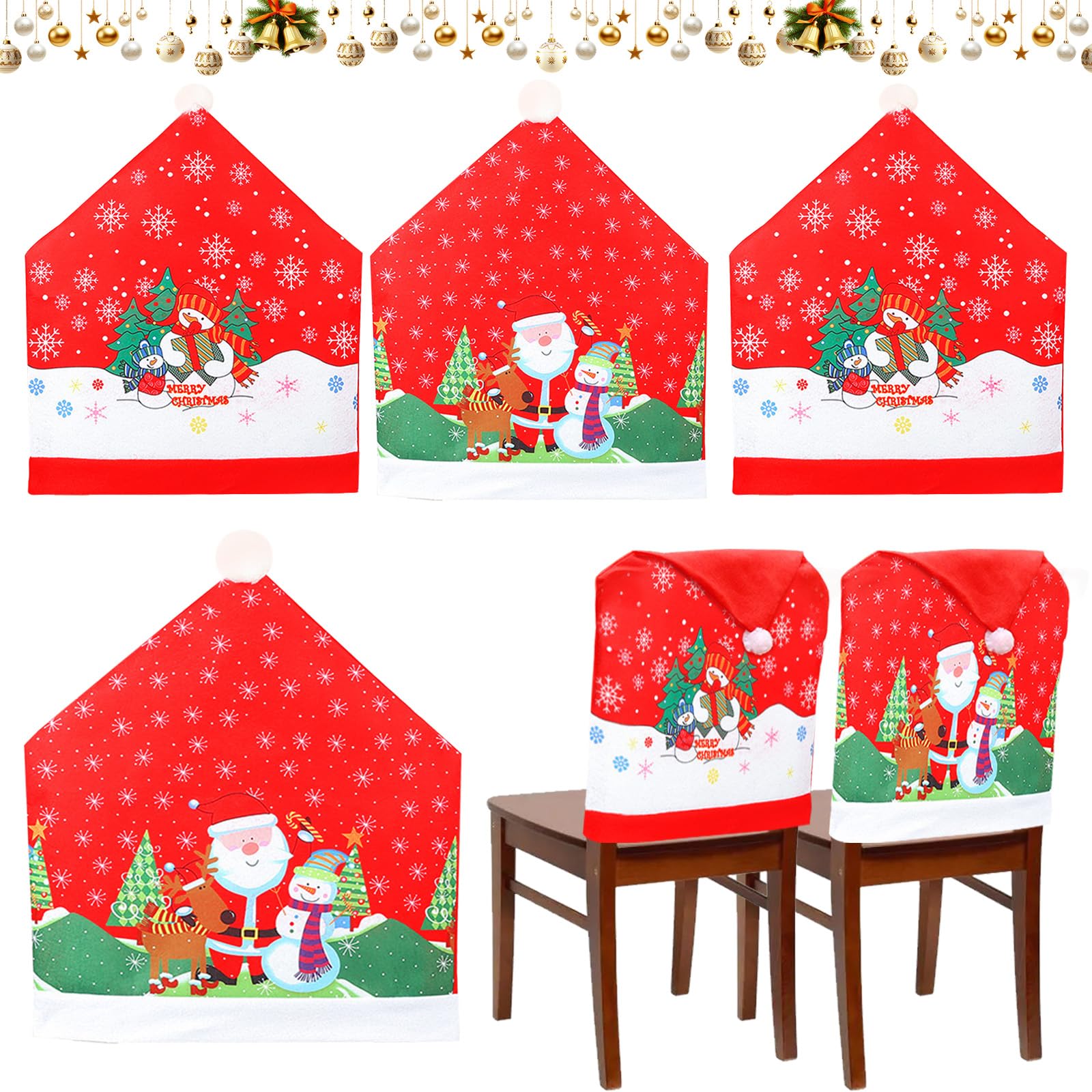 Qintora Fundas sillas de Navidad,4 Piezas con Gorro de Papá Noel Rojo, Adecuado para Cocina, Hotel, Restaurante, decoración del hogar, para Comedor y Oficina