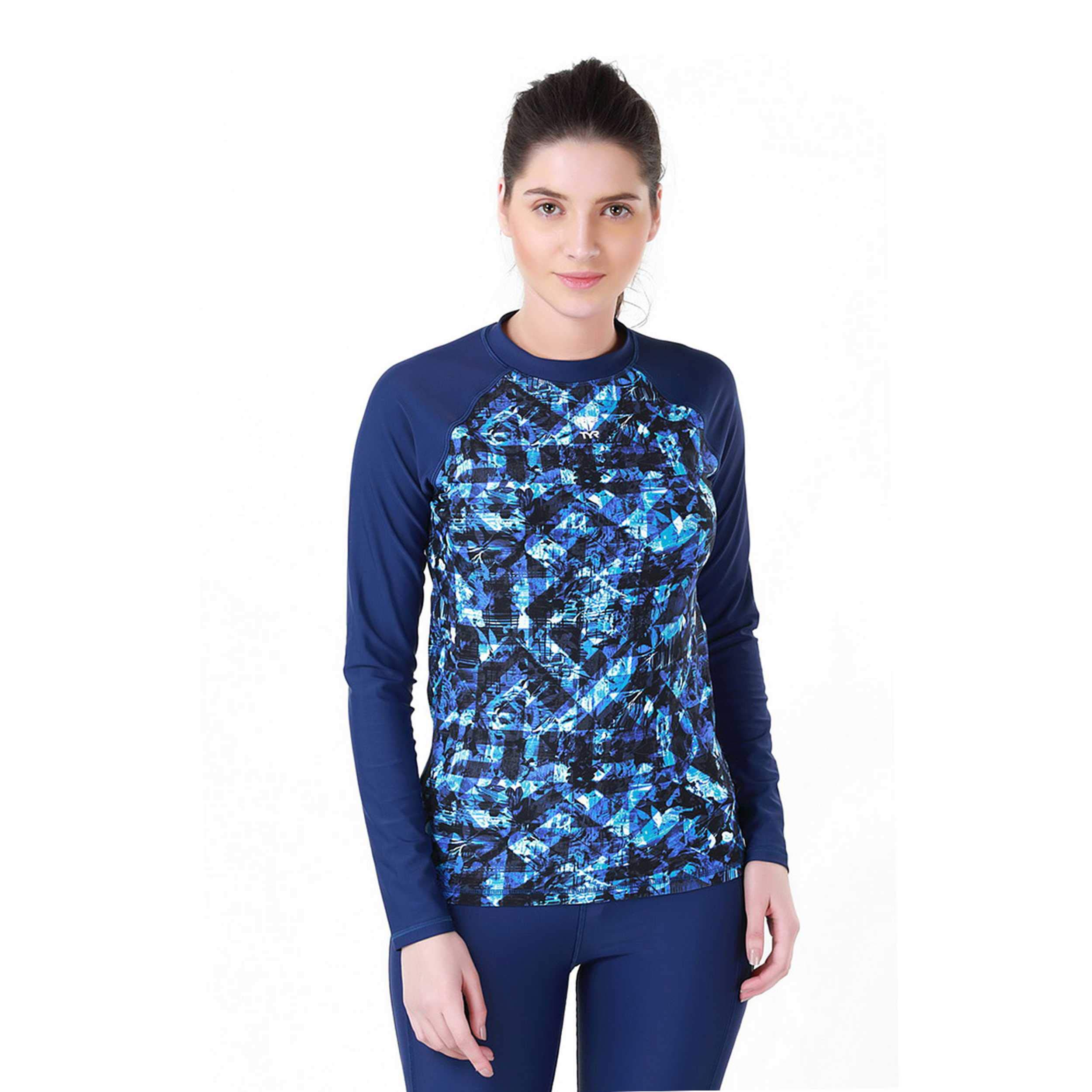 TYRWomen's in Makai Long Sleeve Rashgaurd Swimsuit (TRWRS286- Blue-Black/Harmony-Navy_38)