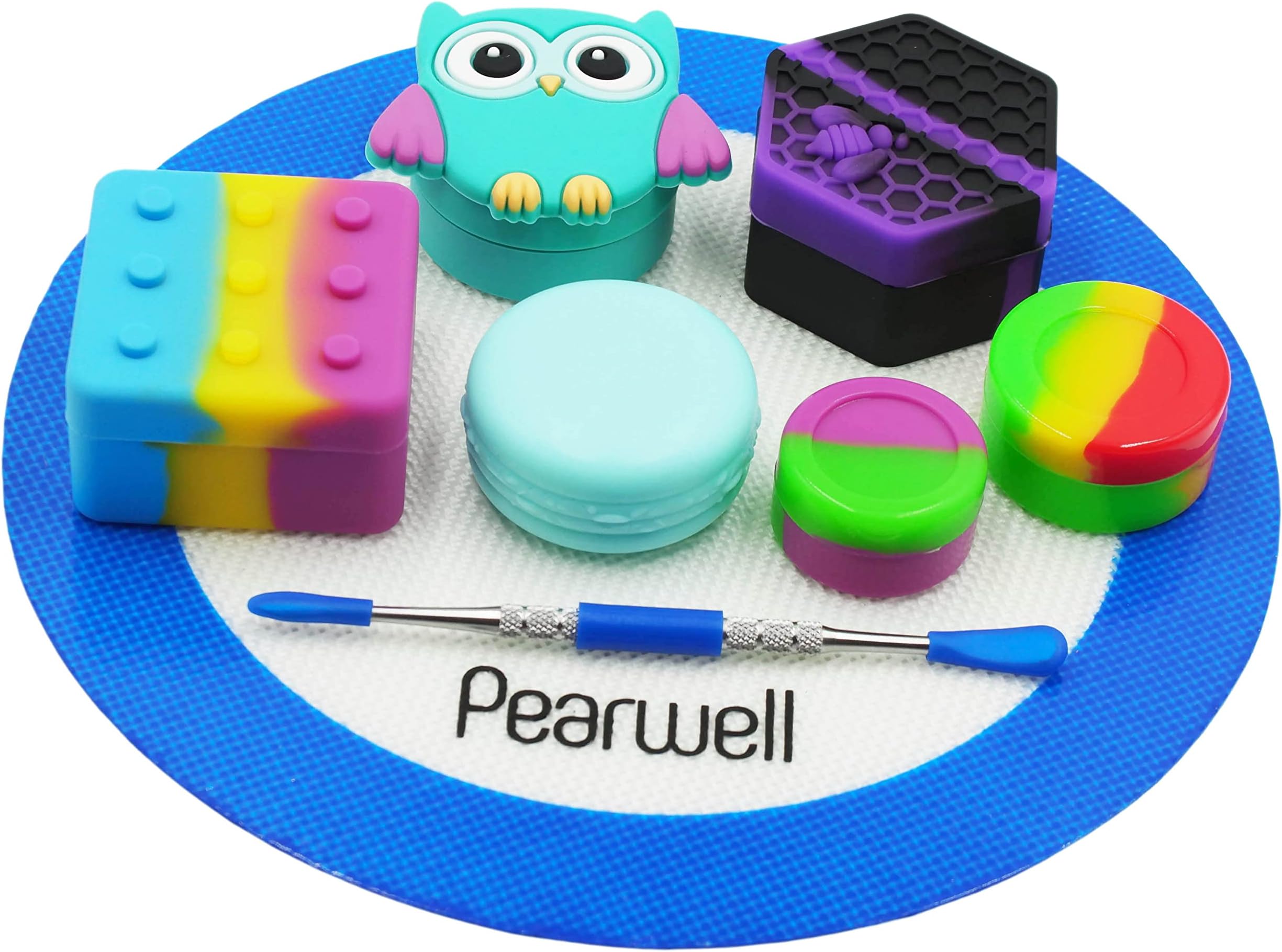 Pearwell Silicone Wax Concentrate Containers 5ml 7ml 11ml 26ml Hexagon Skull Owl Jars with 7.87 Inch Round Mat and Carving Tool (Blue)
