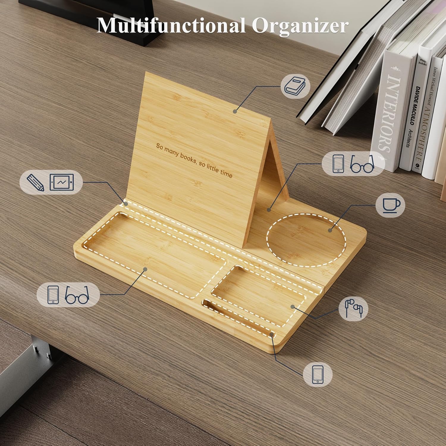 NiHome Bamboo Wooden Book Stand Holder with Triangle Design for Spine-Friendly Book Resting, Natural Finish Multipurpose Organizer with Detachable Magnetic Base for Glasses, Pens, Smartphone and More