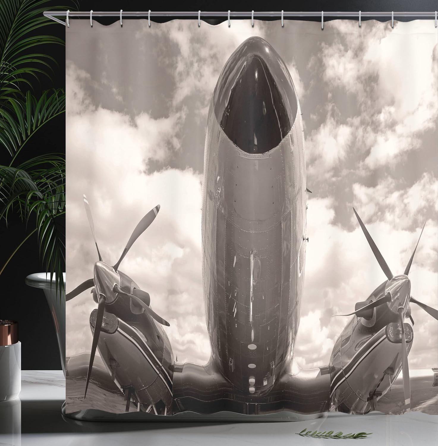 Ambesonne Vintage Airplane Shower Curtain, Turboprop Airplane Nose Close up View and Cloudy Sky Aviation Historic, Cloth Fabric Bathroom Decor Set with Hooks, 69" W x 70" L, Sepia White