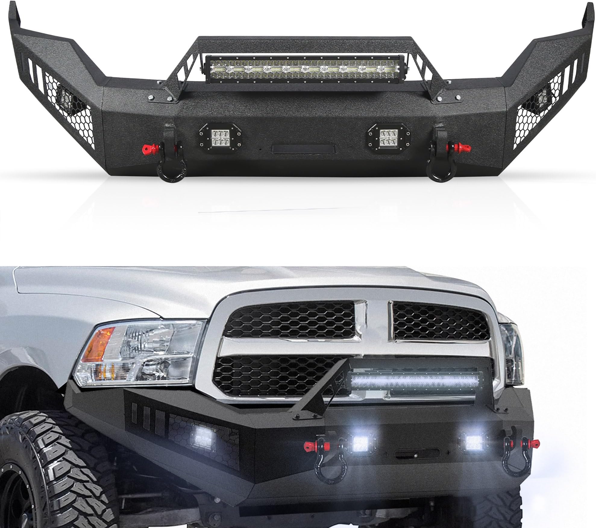 Off Road Front Bumper Fits for RAM 1500 2013-2018, Full Width Front Bumper 5 Lights D-Rings, Bull Bar Built-in Winch Plate Heavy Duty Steel, Textured Black Steel Bumper