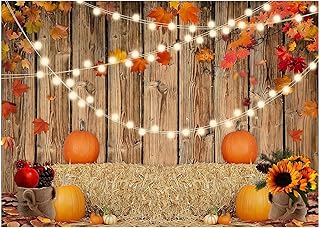 Fall Thanksgiving Photo Backdrop Autumn Retro Board Backdrops Wooden Fence Haystack Pumpkin Photo Background Thanksgiving Party Decorations Studio Photography Props 7X5FT YY-2516