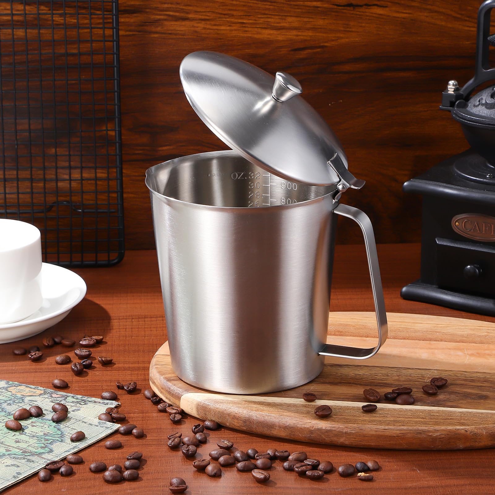 Taza Medidora que Evita Leche se Enfríe Rápido con Tapa Anti-caída 1000ml de Acero Inoxidable Jarra Graduada para Preparar Café con Leche y Barras