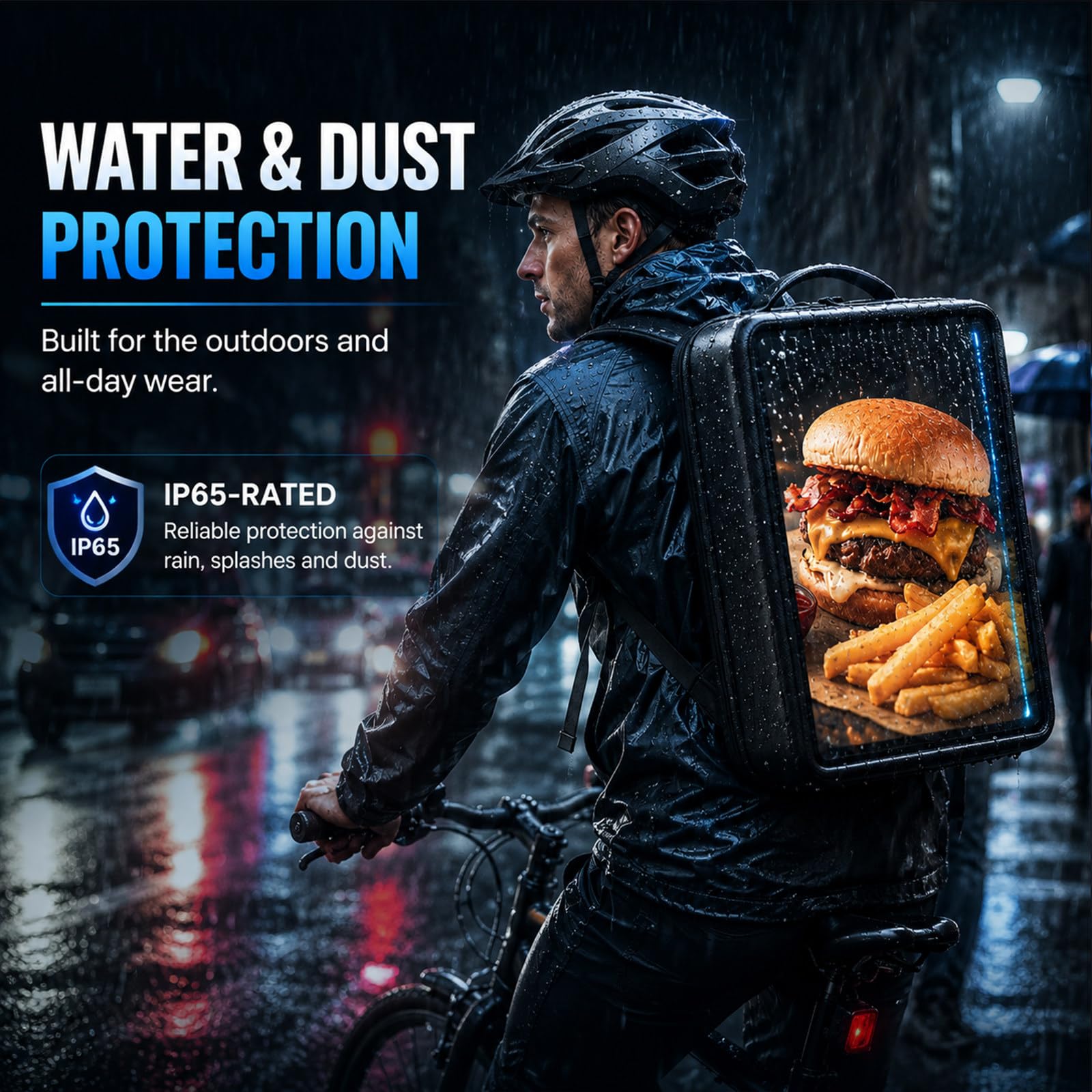 Mochila Inteligente con Pantalla LED 21,5", 600 nits Ultra Brillante, 30000mAh 6h, IP65, Android 14, vendedores ambulantes