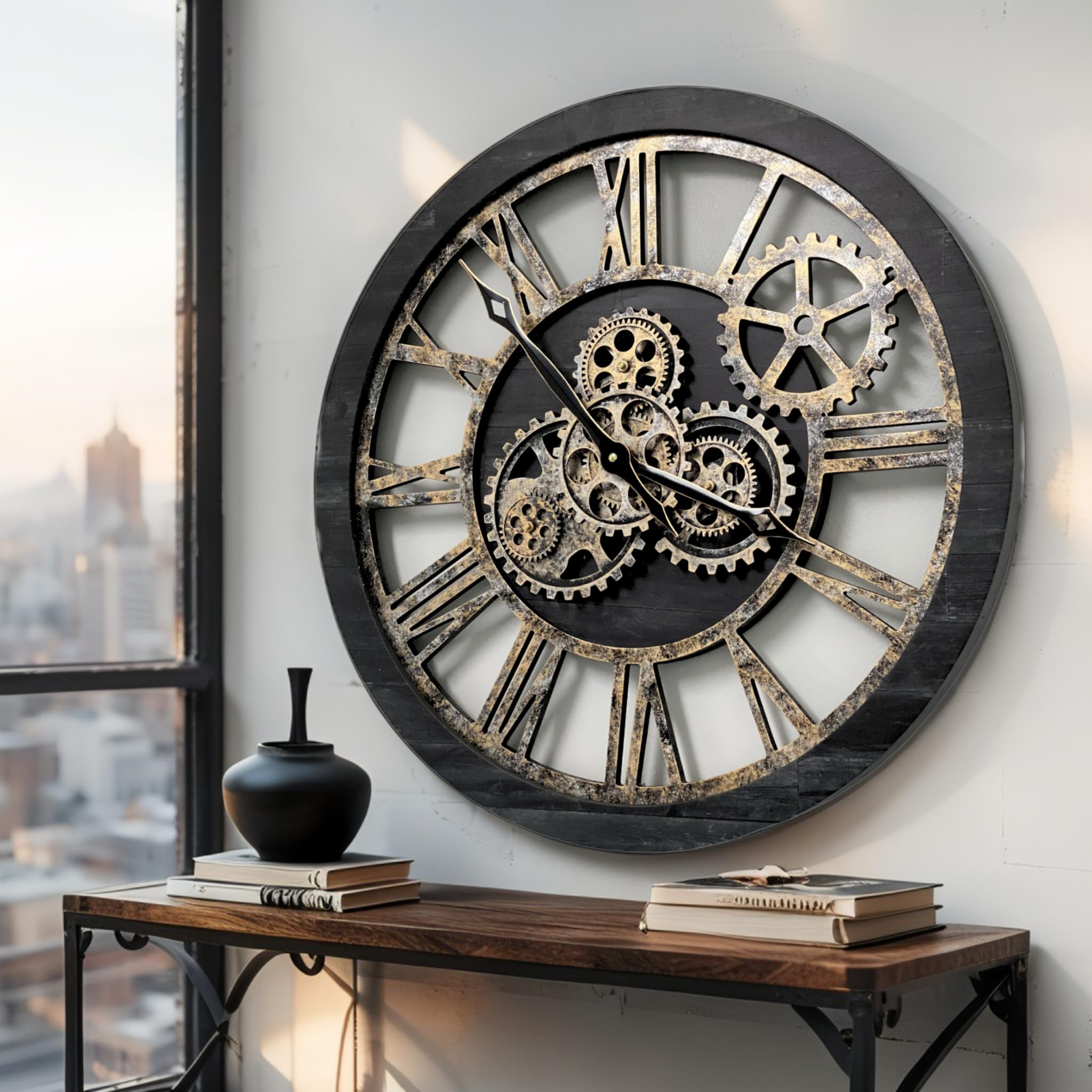 ImprovingLife - Orologio da parete in stile vintage, industriale, stile rustico, 60 cm (legno nero e bronzo)
