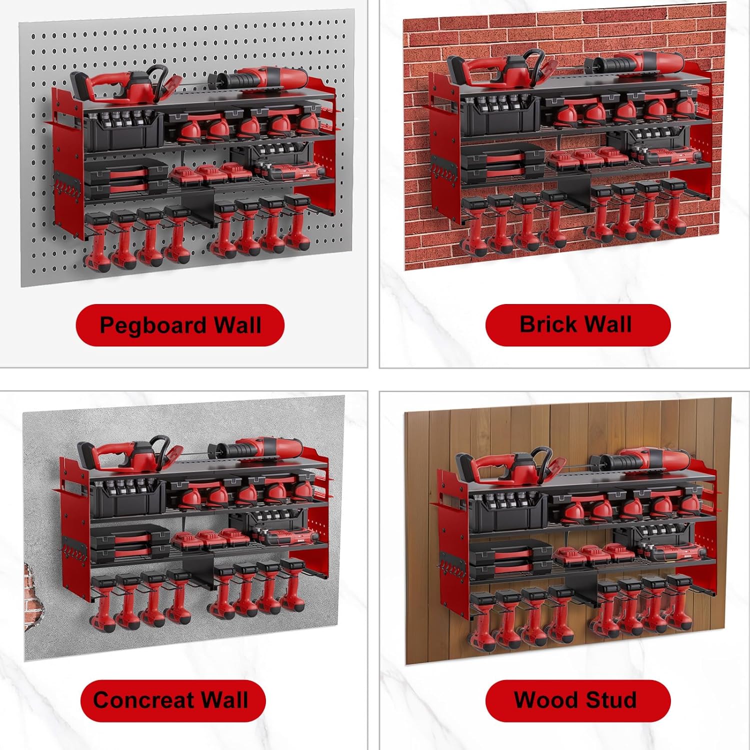 oviitech Power Tool Organizer Wall Mount, 8 Drill Holder Wall Mount Loads 400lbs, 4 Layer Heavy Duty Metal Power Tool Storage, Red, Utility Rack for Garage Workshop, Gifts for Men