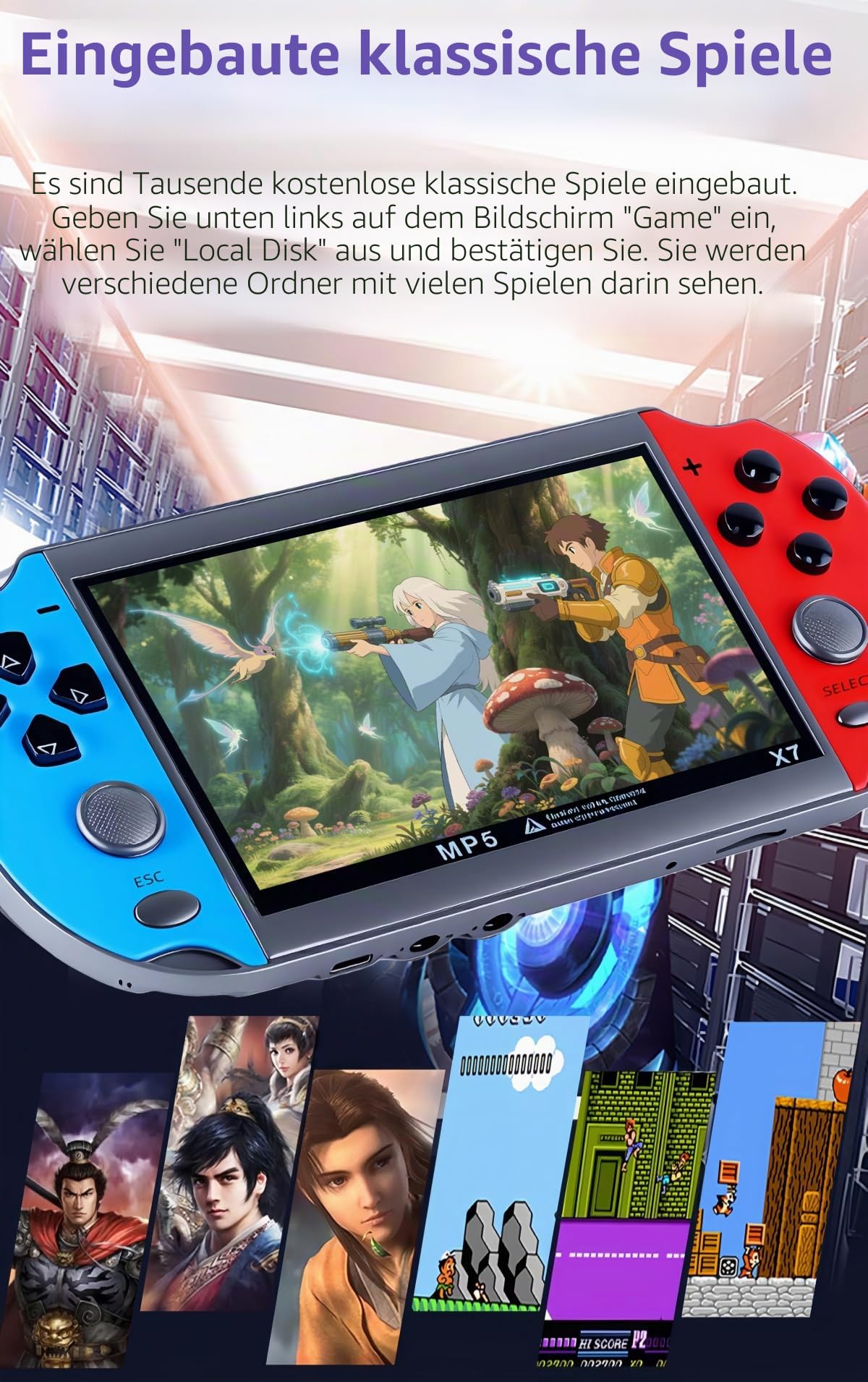 JXD Bunt Retro Videospielkonsole 4,3 Zoll Sreen 8GB 3000 Spiele Handheld Arcade Spielkonsole Mini tragbares Spielgerät Mehrfachsimulator MP3 MP4 E-Book Nostalgisches Geschenk für Kinder