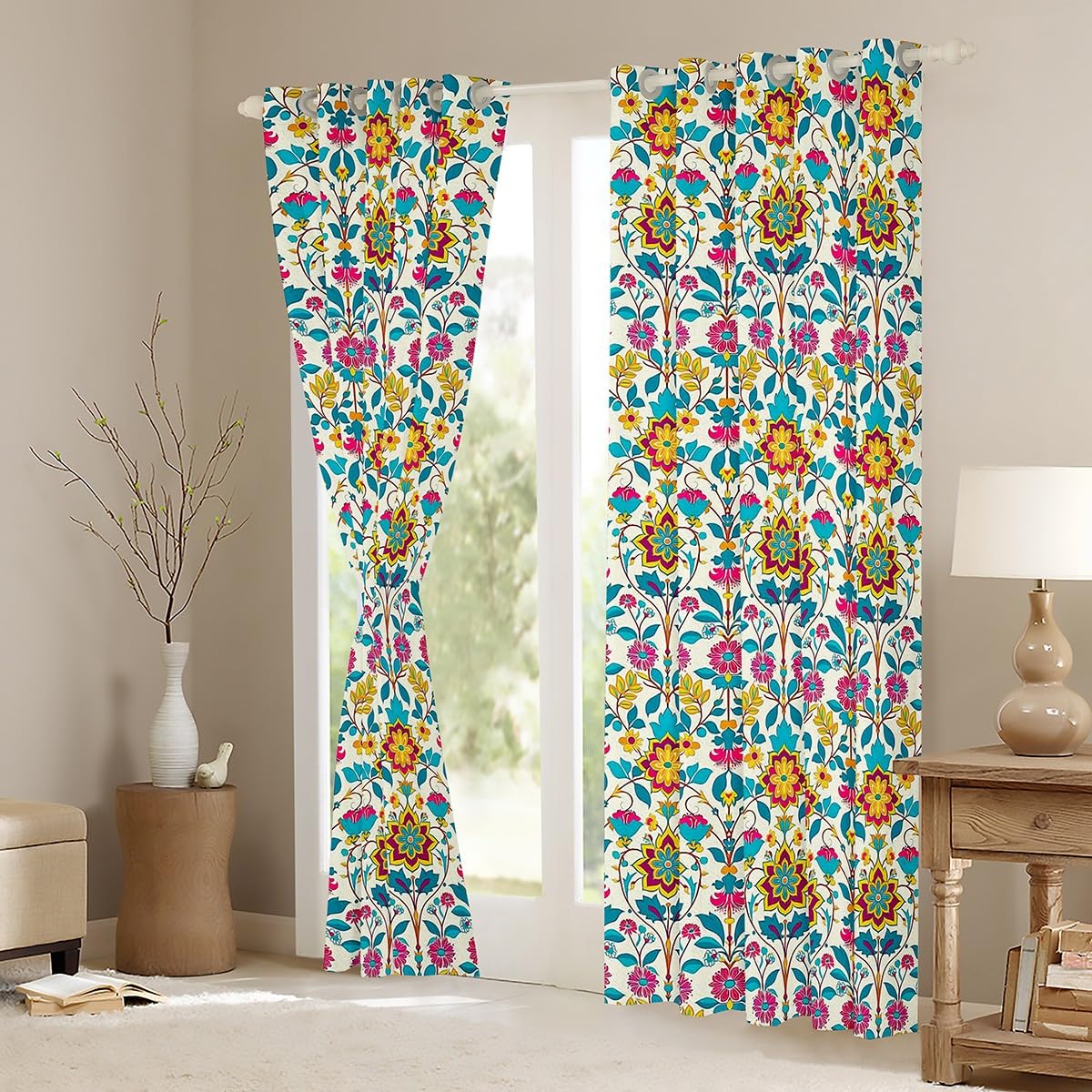 Homemissing Floral Print Curtains (2 Panels,W52*L63) For Bedroom Adults Women Girls Blossom Flowers Window Curtains Floral Botanical 30%-50% Blackout Curtains Flower Branch Window Treatments - Image 3
