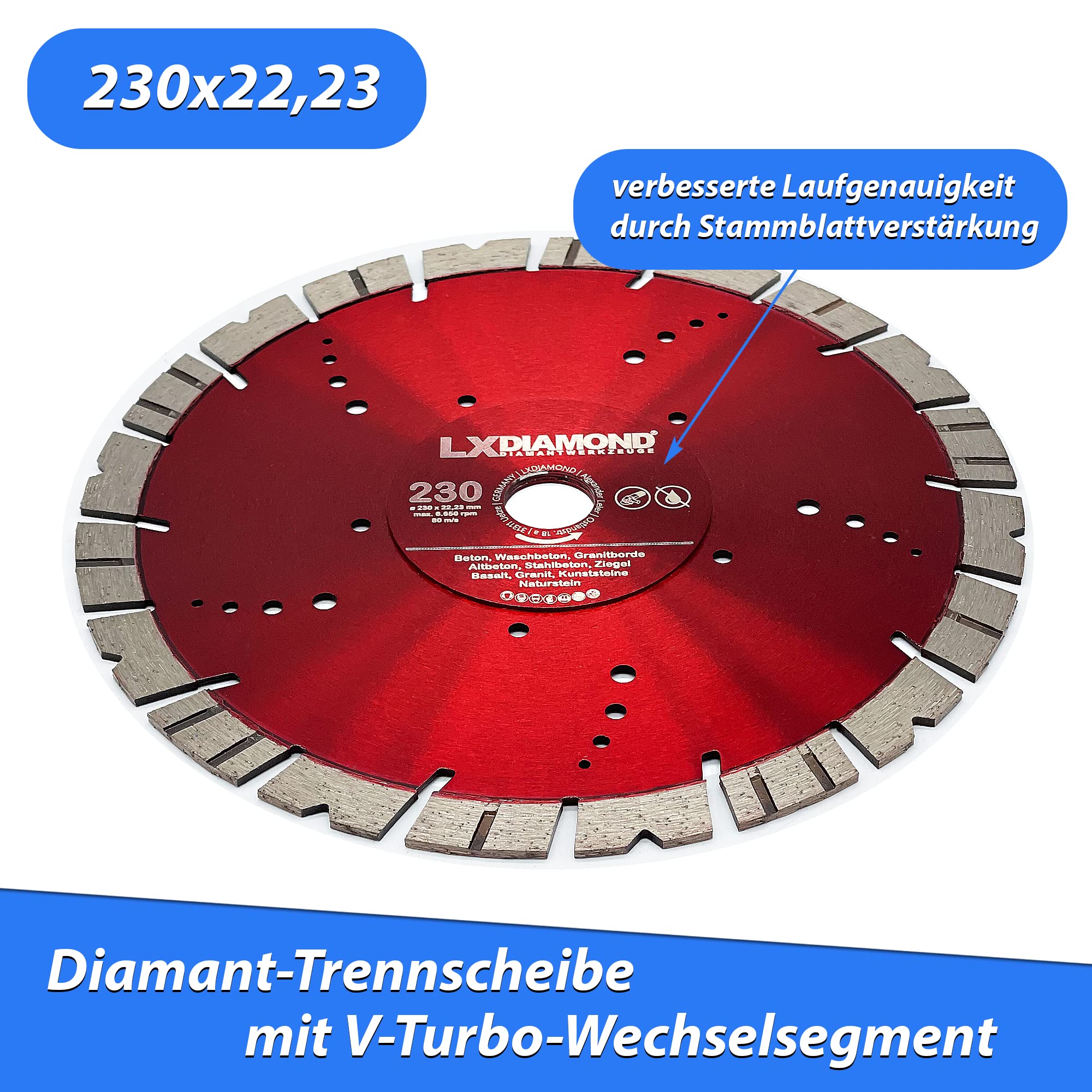 Diamant-Trennscheibe 230mm x 22,23mm - Segment 15mm - für Hartgestein Kunststeine Stein Ziegel Granit Granitborde Stahlbeton Naturstein Beton Diamantscheibe 230 mm - in Premium Qualität