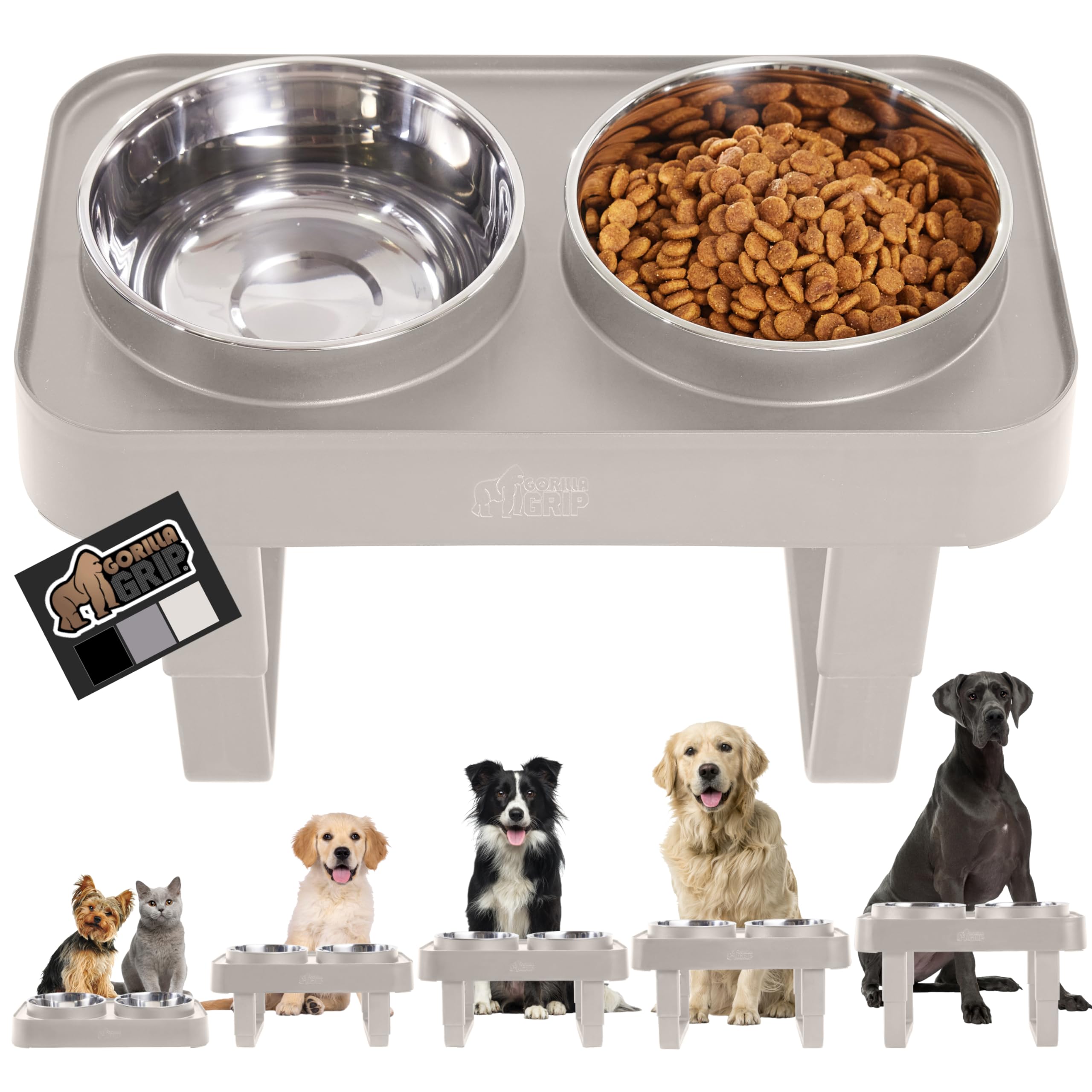 GORILLA GRIP Elevated Dog Bowls Stand, 6 Cup Stainless Steel Food Bowl Set of 2, 5 Height Adjustable Raised Feeding Station for Small Breed Puppy Dogs and Cats, Medium, Large Sized Pets Feeder, Beige