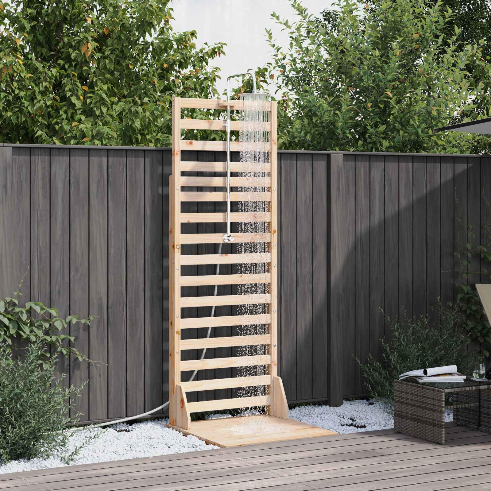 vidaXL Ducha Exterior 225 cm Madera Maciza de Pino y Acero Inoxidable