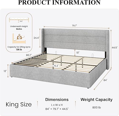 Miniatura 66 de SHA CERLIN Cama de Almacenamiento Elevable Tamaño King/Tapizada en Terciopelo/Cabecera Moderna con Respaldo de Ala/Marco de Cama Plataforma