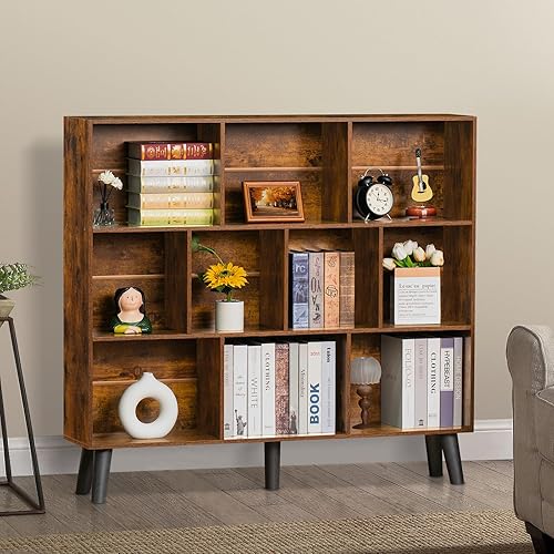 Miniatura 139 de LEYAOYAO Estantería de 10 cubos, estantería ancha moderna de 3 niveles con patas, estantería de madera de mediados de siglo, estuche grande rosa,