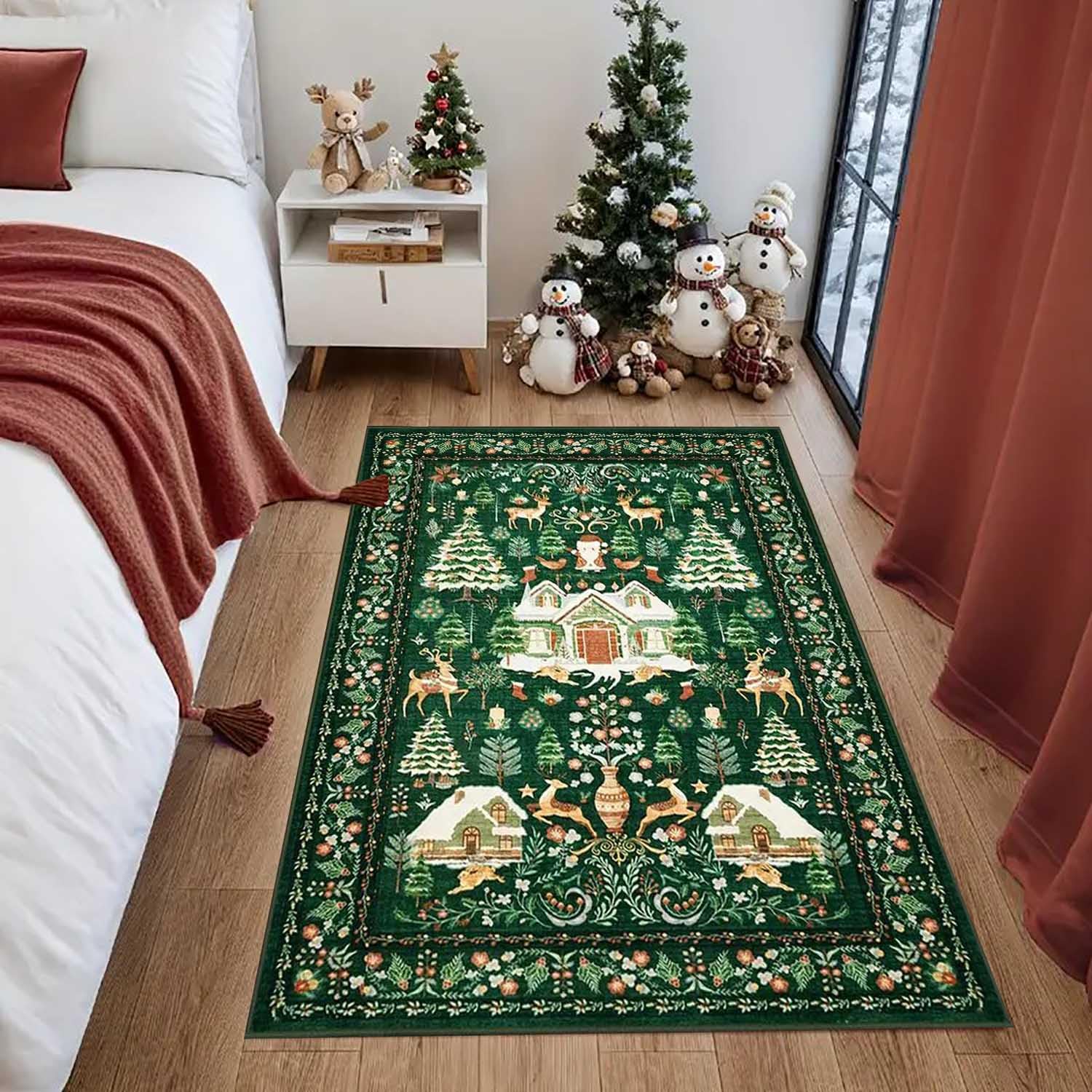 Alfombra Verde Grande de Navidad, Alfombras de Cocina Antideslizante Navideña, Alfombra Vintage Bohemio de Navidad, Alfombra de Navidad Lavables para Salon Entrada Oficina,200x300cm