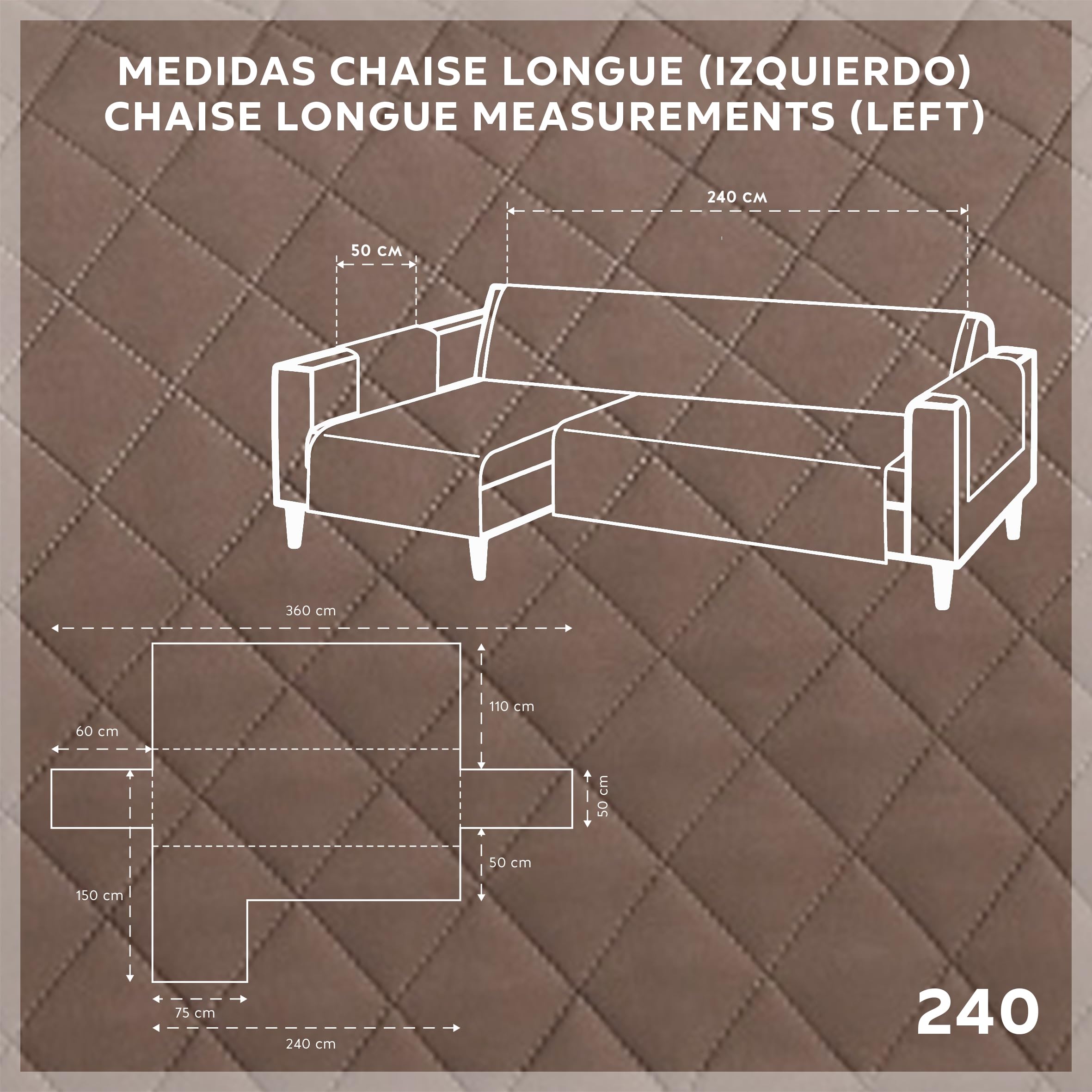 Textilhome Copridivano Chaise Longue con Penisola Malu 240cm – Salvadivano Trapuntato Universale con Bracciolo Sinistro, Protezione per Animali Domestici, Colore Marrone (Visto da Davanti)