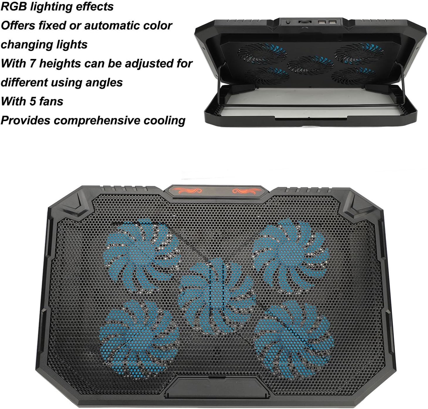 Laptop Cooling Pad with 5 Fans, Heat Dissipation for 13 17inch Notebooks, Height, Ergonomic Design, RGB Lighting Effects, USB Cable Connection