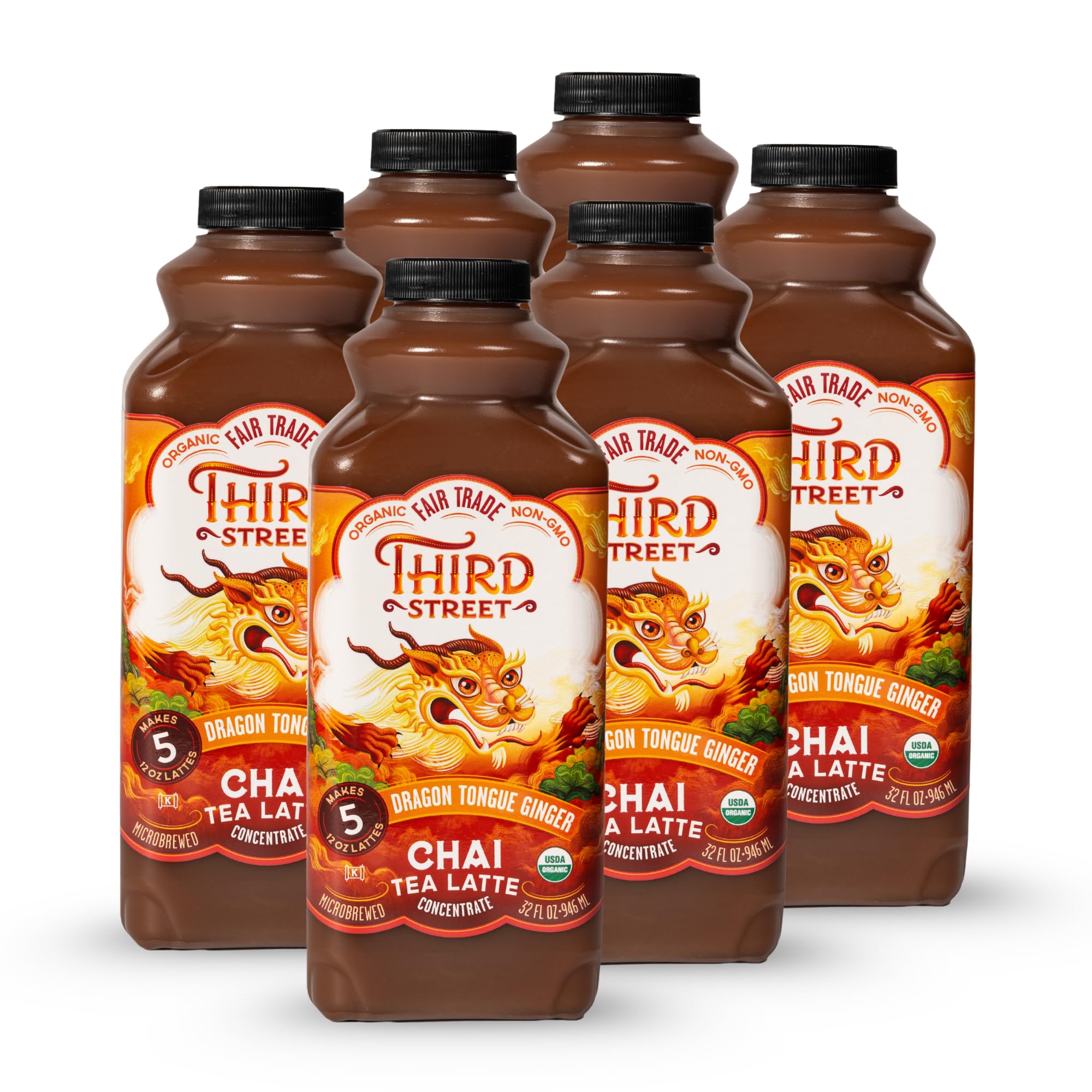 Third Street Inc Organic Dragon Tongue Ginger Chai Concentrate 6-Pack, 32 Fl. Oz., Black Tea Latte Concentrate, Generously Spiced Tea Blend, Concentrate Beverage 1:1, Vegan, Gluten Free, Kosher, Non-GMO