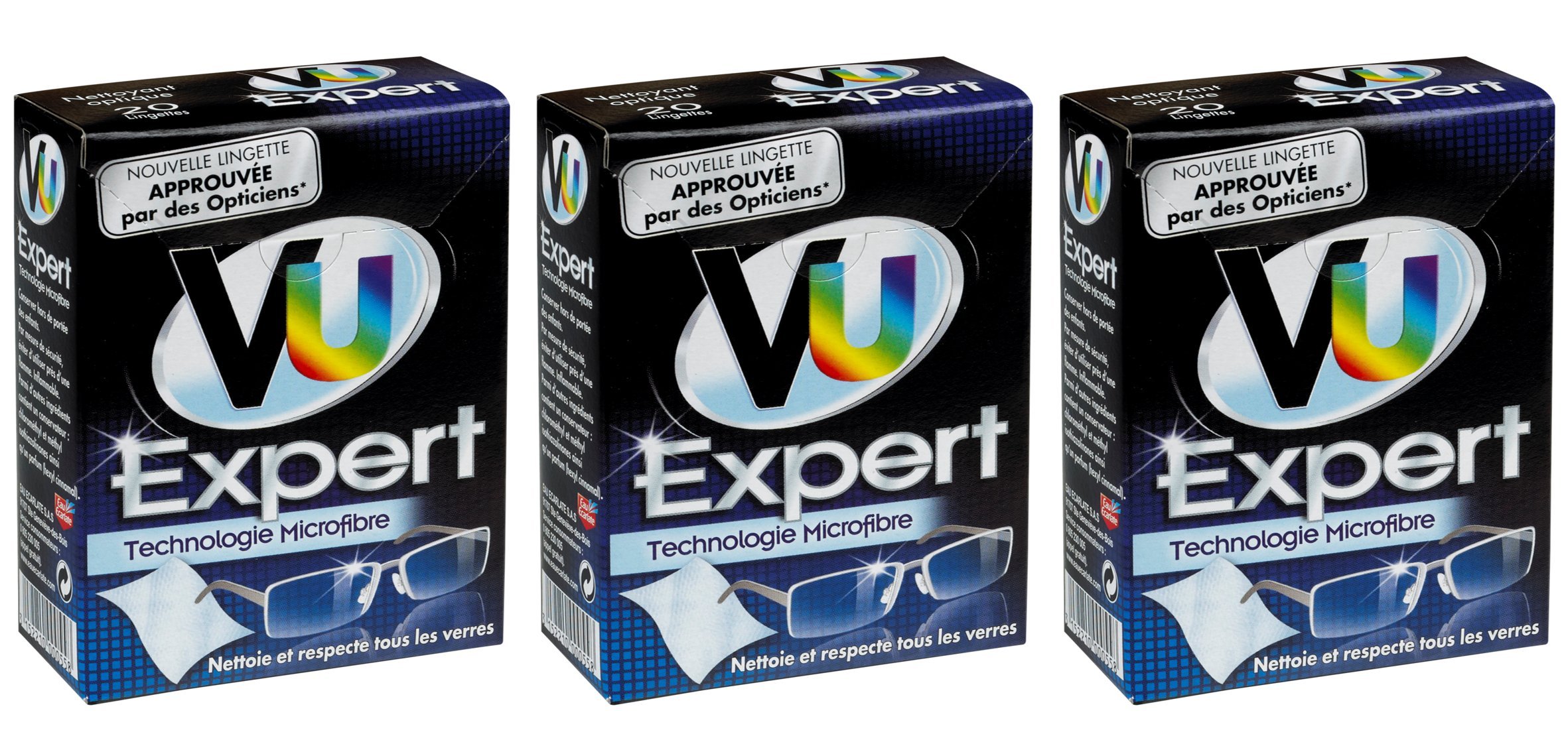 VU Expert - Lingettes nettoyantes lunettes microfibre respecte et nettoie tous type de verre - Etui de 20 lingettes Lot de 3