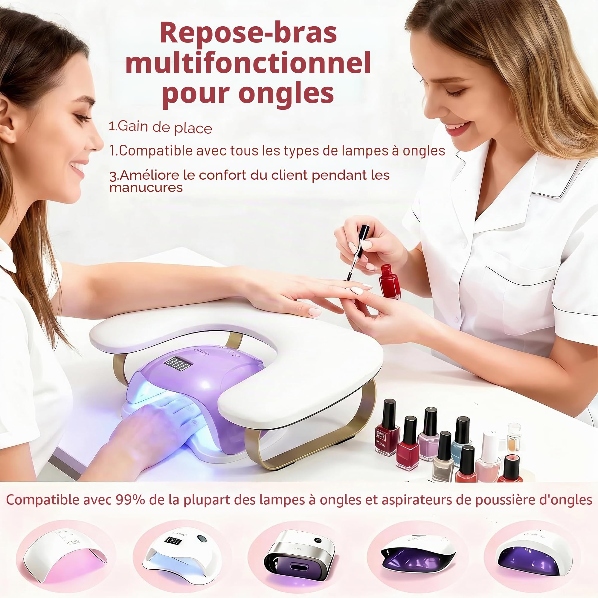 Accoudoir à ongles avec support de téléphone : pliable/réglable/rotatif à 360 ° - Accoudoir en U pour ongles avec repose-pieds incurvé doré - Angle d'inclinaison de 45° - Repose-main pour manucure